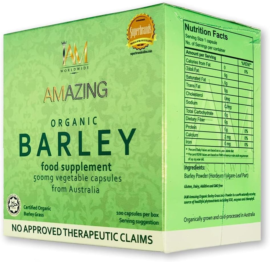 Organic Barley Capsules from Australia - 100 Capsules x 500 mg by IAM WORLDWIDE