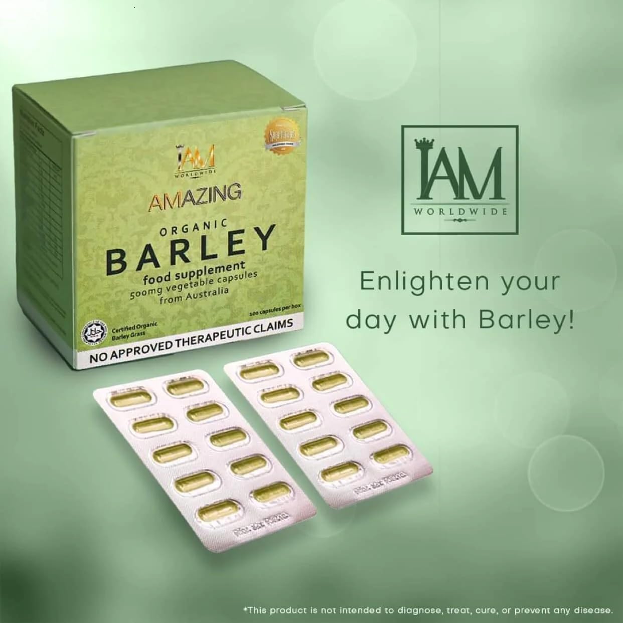 Organic Barley Capsules from Australia - 100 Capsules x 500 mg by IAM WORLDWIDE