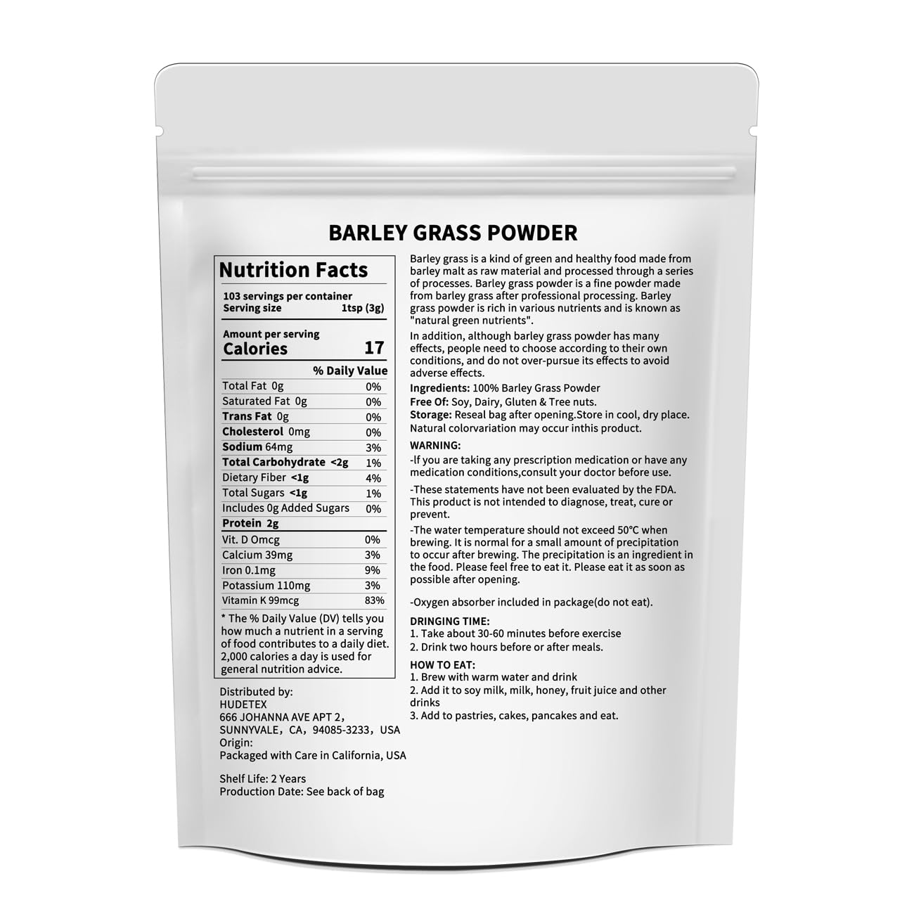 Organic Barley Grass Juice Powder 11 oz - Pure Wheatgrass Powder, Vegan, No Maltodextrin or Sugar - Hudetex