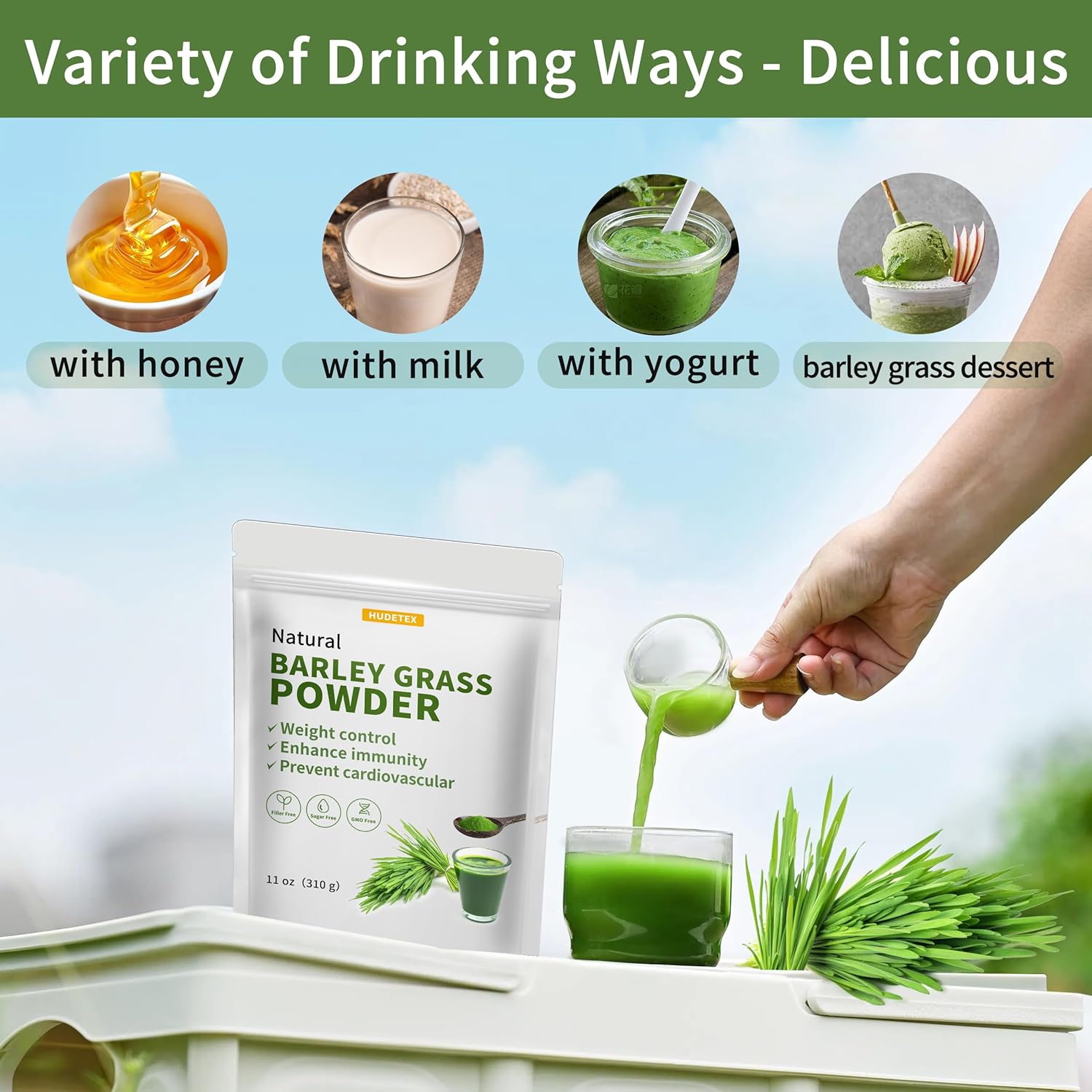 Organic Barley Grass Juice Powder 11 oz - Pure Wheatgrass Powder, Vegan, No Maltodextrin or Sugar - Hudetex