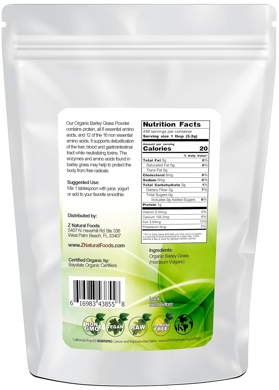 Organic Barley Grass Powder - Antioxidant-Rich Superfood for Energy Boost, Vegan, Gluten Free, Non-GMO - 5 lbs