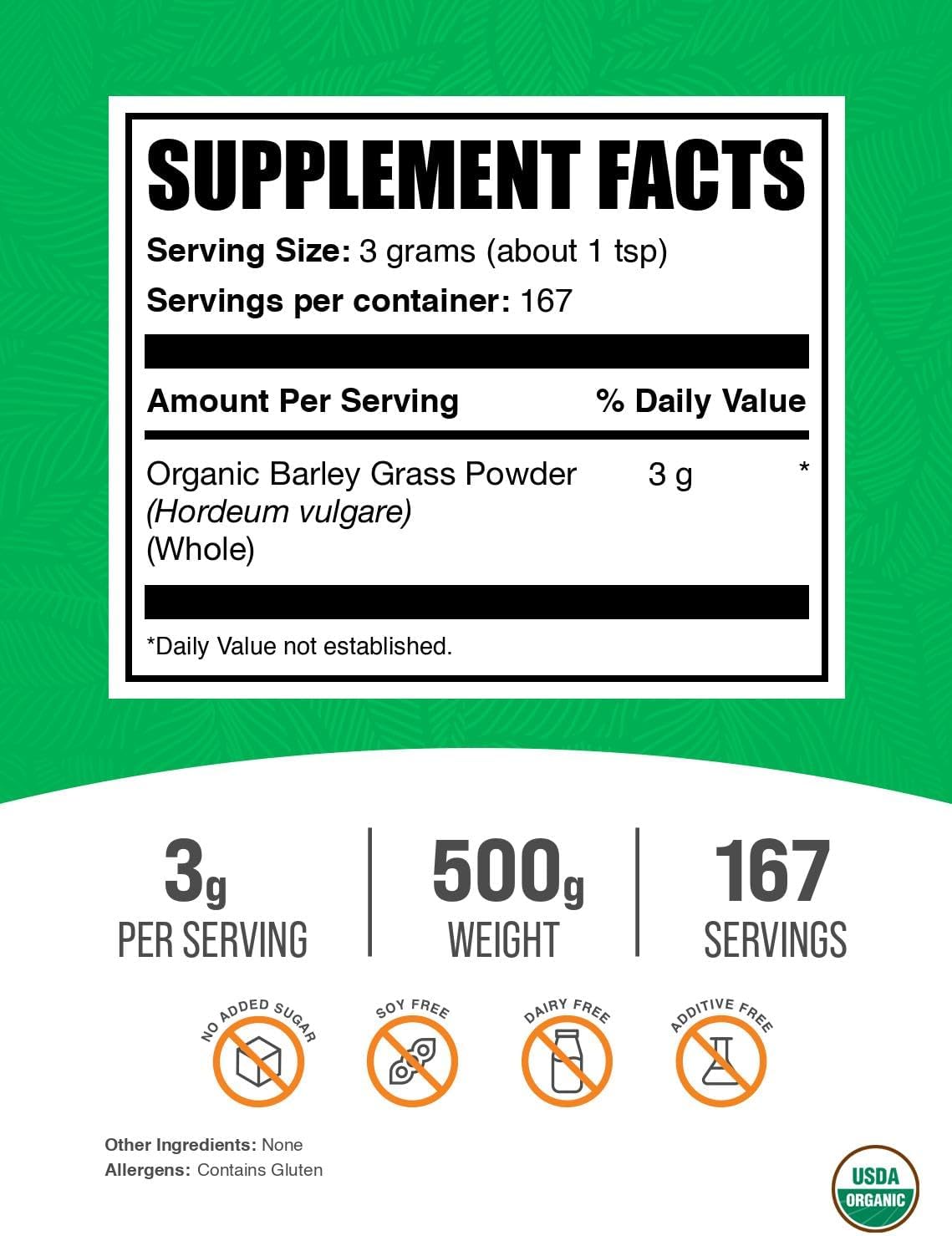 Organic Barley Grass Powder - Vegan-Friendly Green Superfood Supplement, 3g per Serving, 500g (1.1 lbs) Pack of 1