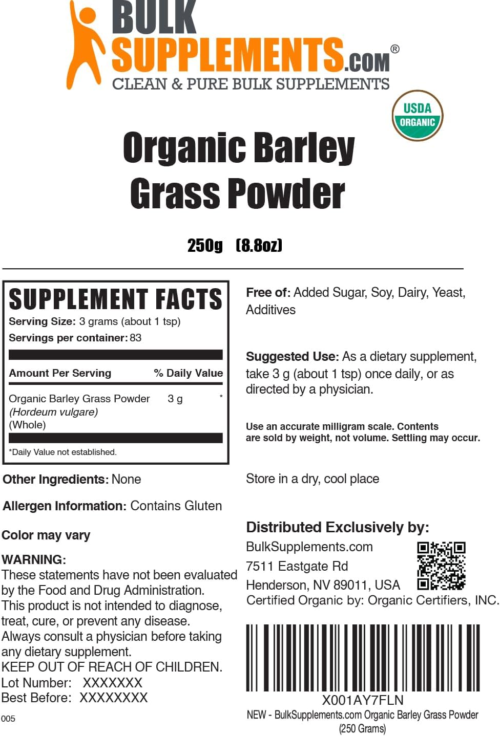 Organic Barley Grass Powder - Vegan Superfood, 250g (8.8 oz) - BulkSupplements