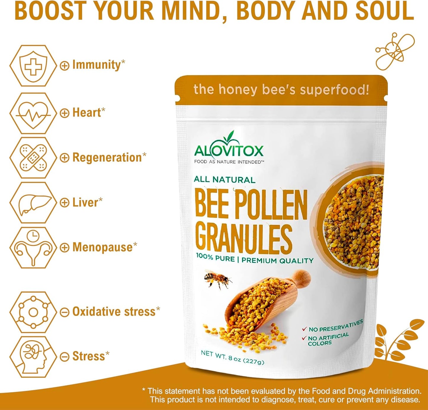 Organic Bee Pollen Granules for Bearded Dragons | 100% Pure Superfood with Antioxidants and Vitamins | 8 Oz Gluten-Free Nutritional Yeast