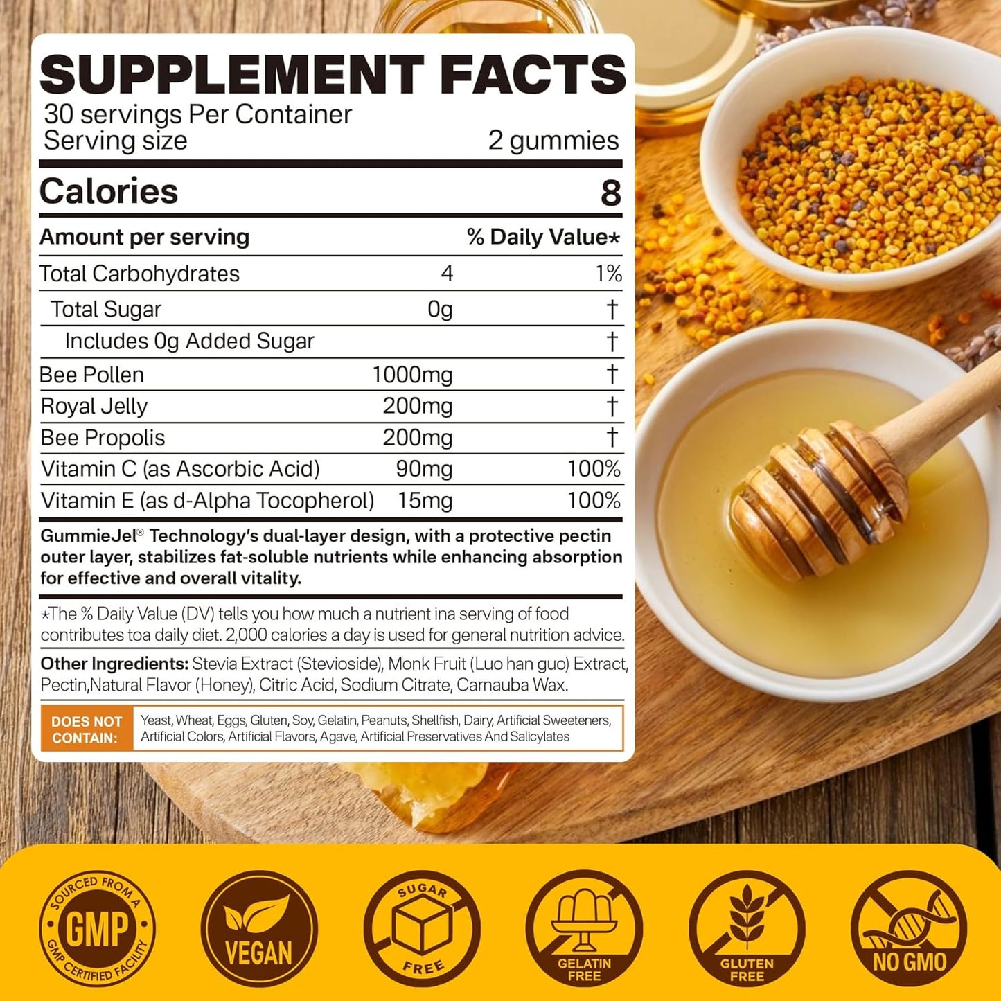 Organic Bee Pollen Gummies 1000mg with Propolis & Royal Jelly - Sugar Free B-Vitamin & Antioxidant Rich Supplement for Energy, Skin & Immune Support - Nextdia (1 Pack)