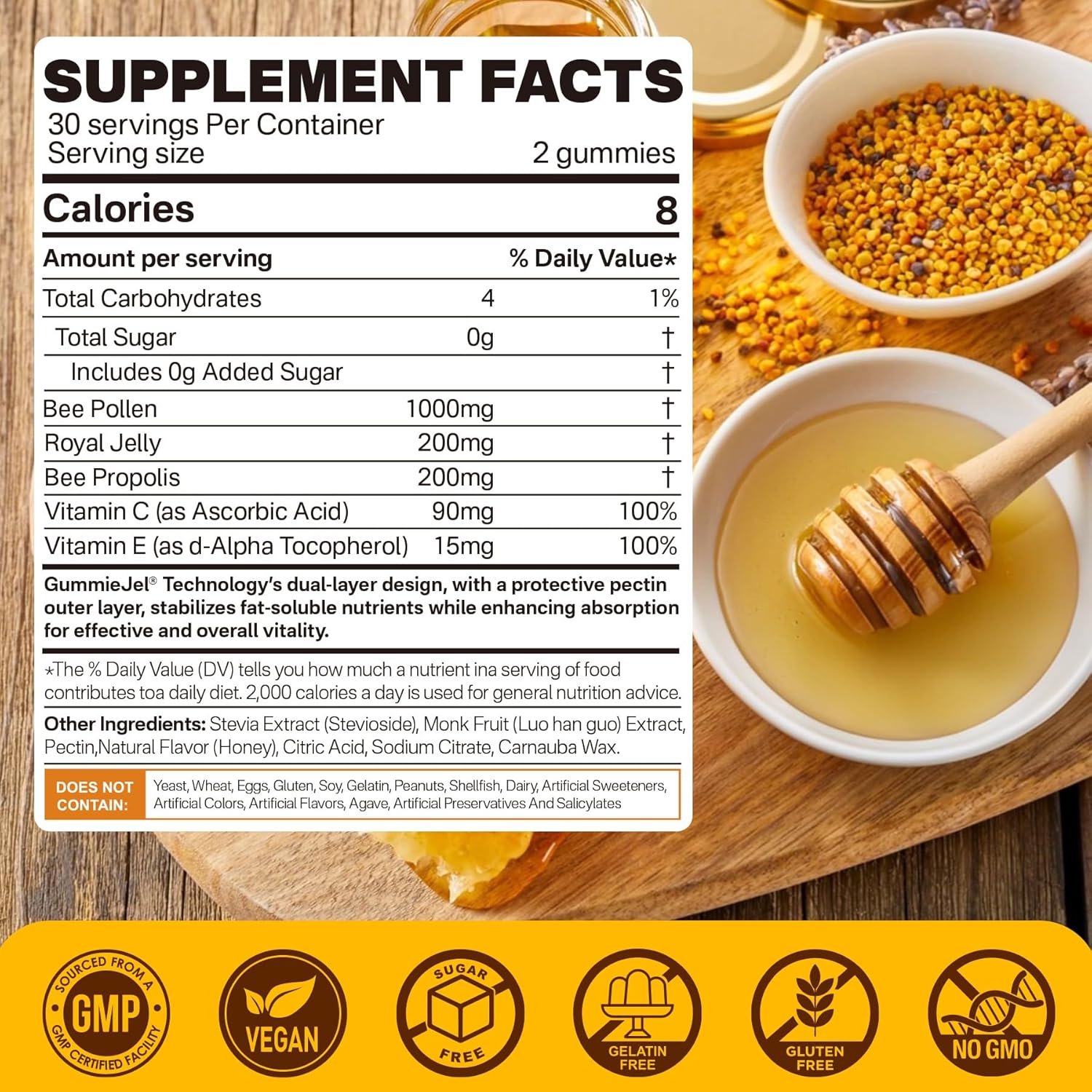 Organic Bee Pollen Gummies 1000mg with Propolis & Royal Jelly - Sugar Free B-Vitamin & Antioxidant Rich Supplement for Energy, Skin & Immune Support - Nextdia (1 Pack)