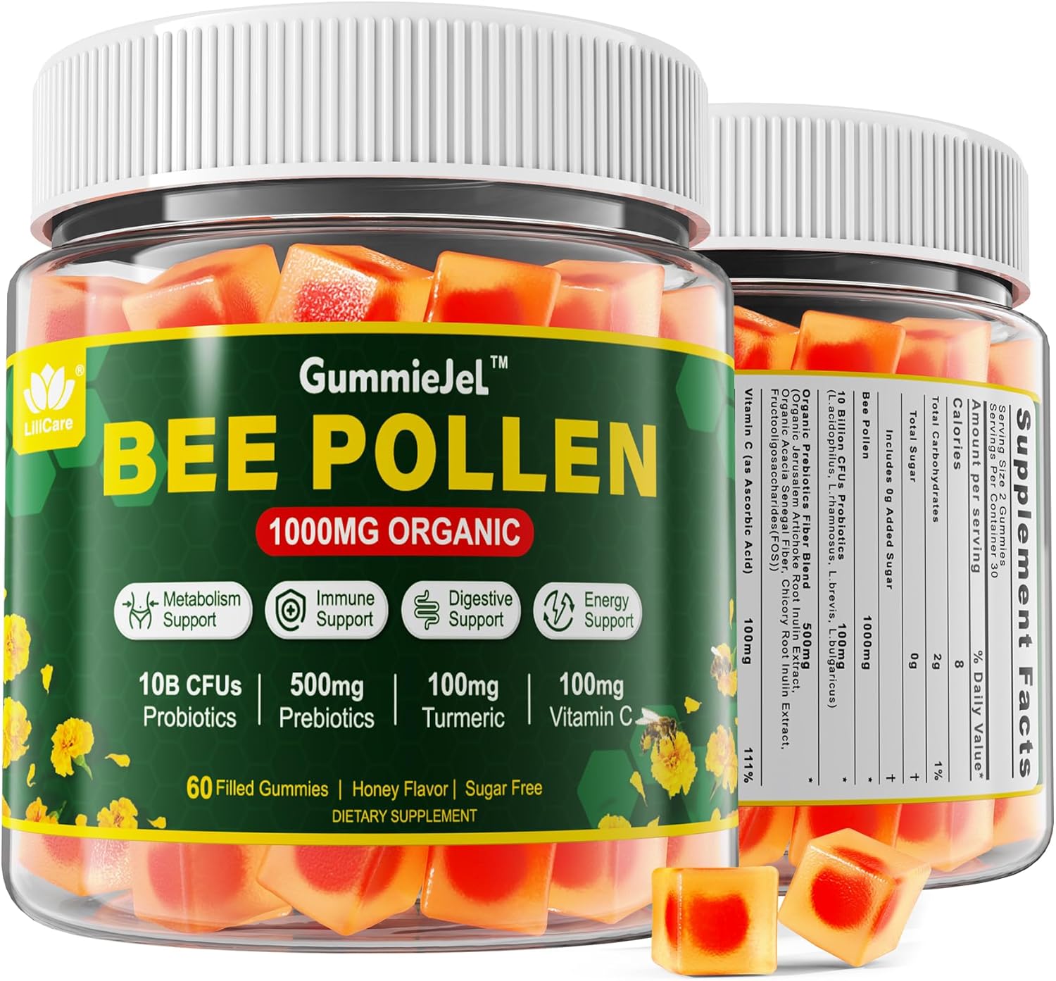Organic Bee Pollen Gummies with Probiotics, Prebiotics, and Turmeric - Digestive Health and Weight Support - Rich in B-Vitamins and Antioxidants - 1000mg - Amino Acids for Energy Boost