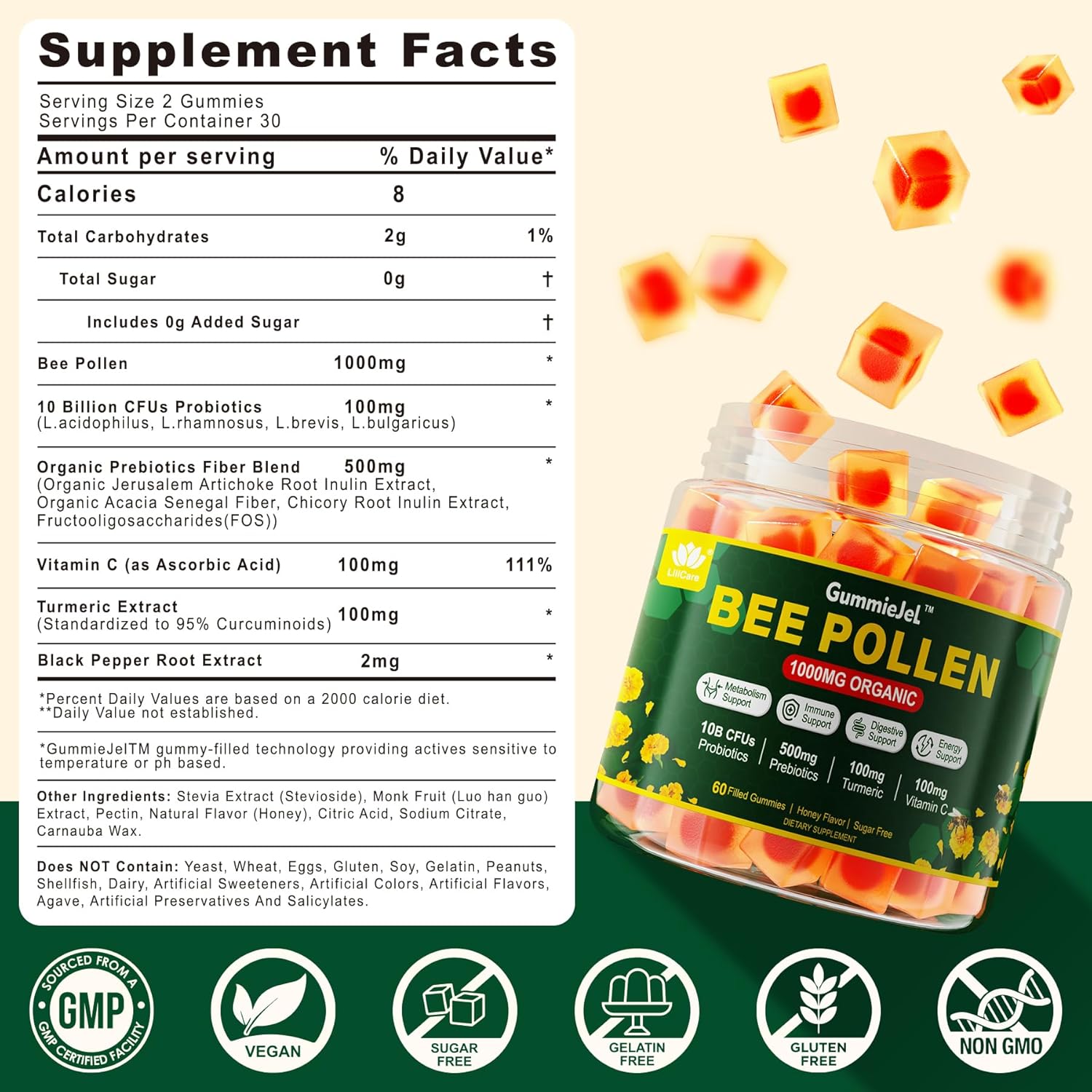 Organic Bee Pollen Gummies with Probiotics, Prebiotics, and Turmeric - Digestive Health and Weight Support - Rich in B-Vitamins and Antioxidants - 1000mg - Amino Acids for Energy Boost
