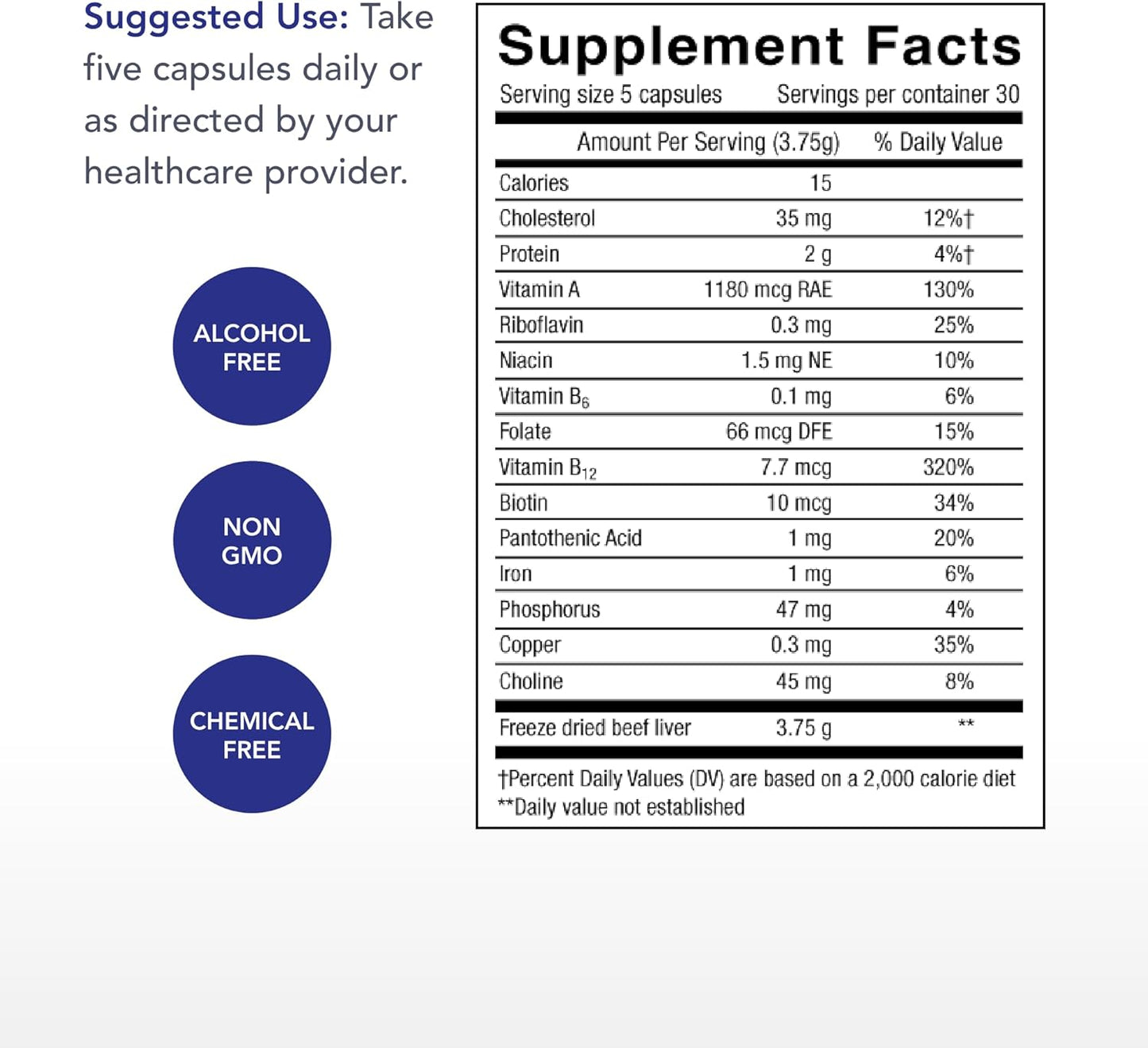 Organic Beef Liver Capsules - Natural Iron, Vitamin A & B12 Supplement - 100% Grass-Fed - Non-GMO - 30 Servings