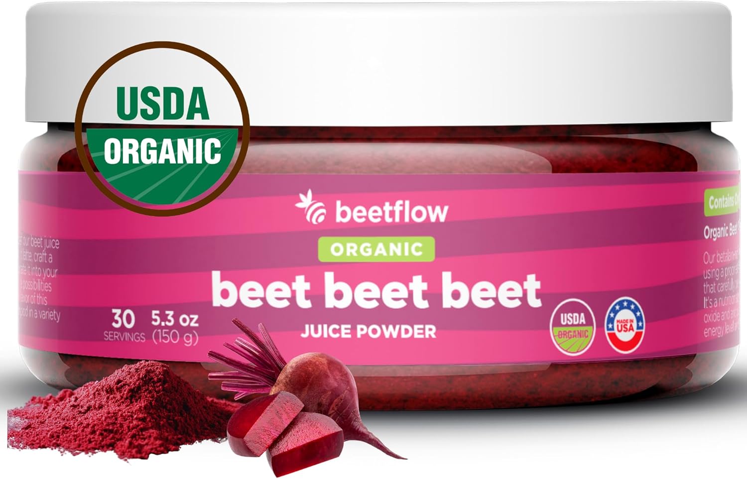 Organic Beet Juice Powder - USA Grown Superfood Supplement for Healthy Blood Pressure & Cholesterol - Nitric Oxide Boost - No Additives (30 Servings)