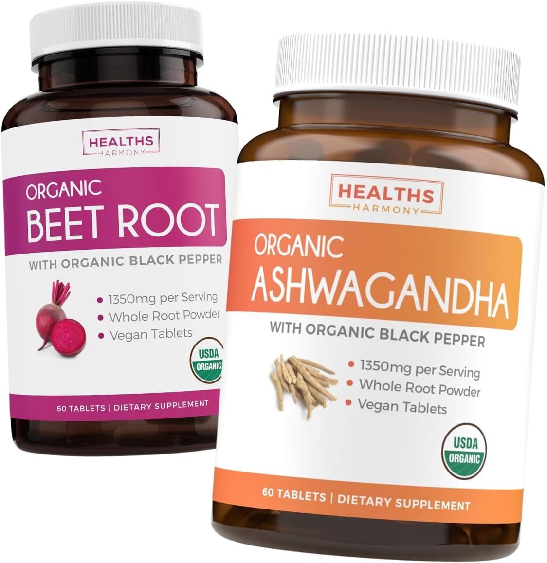 Organic Beet Root & Ashwagandha Vital Energy Blend - 1 Month Supply, 60 Tablets & Capsules, 1250mg & 1350mg Per Serve with Black Pepper for Absorption