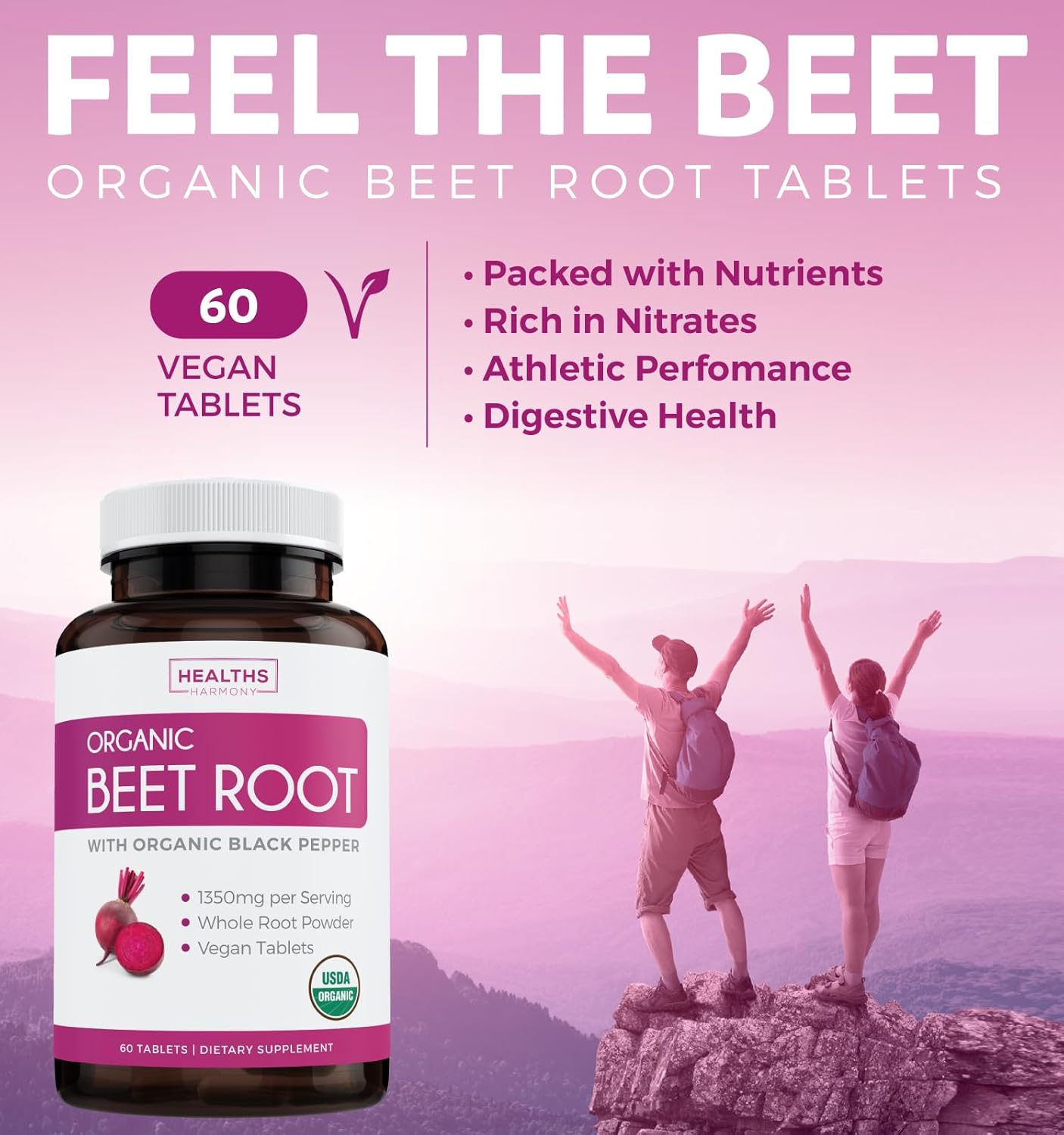 Organic Beet Root & Ashwagandha Vital Energy Blend - 1 Month Supply, 60 Tablets & Capsules, 1250mg & 1350mg Per Serve with Black Pepper for Absorption