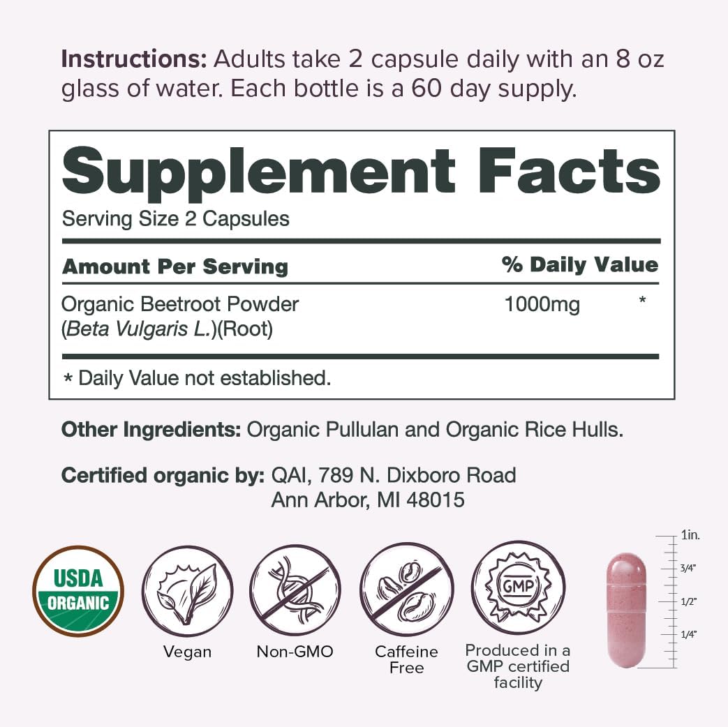 Organic Beet Root Capsules 1000mg - Boost Circulation and Energy - Nitric Oxide Supplement (120 Capsules)