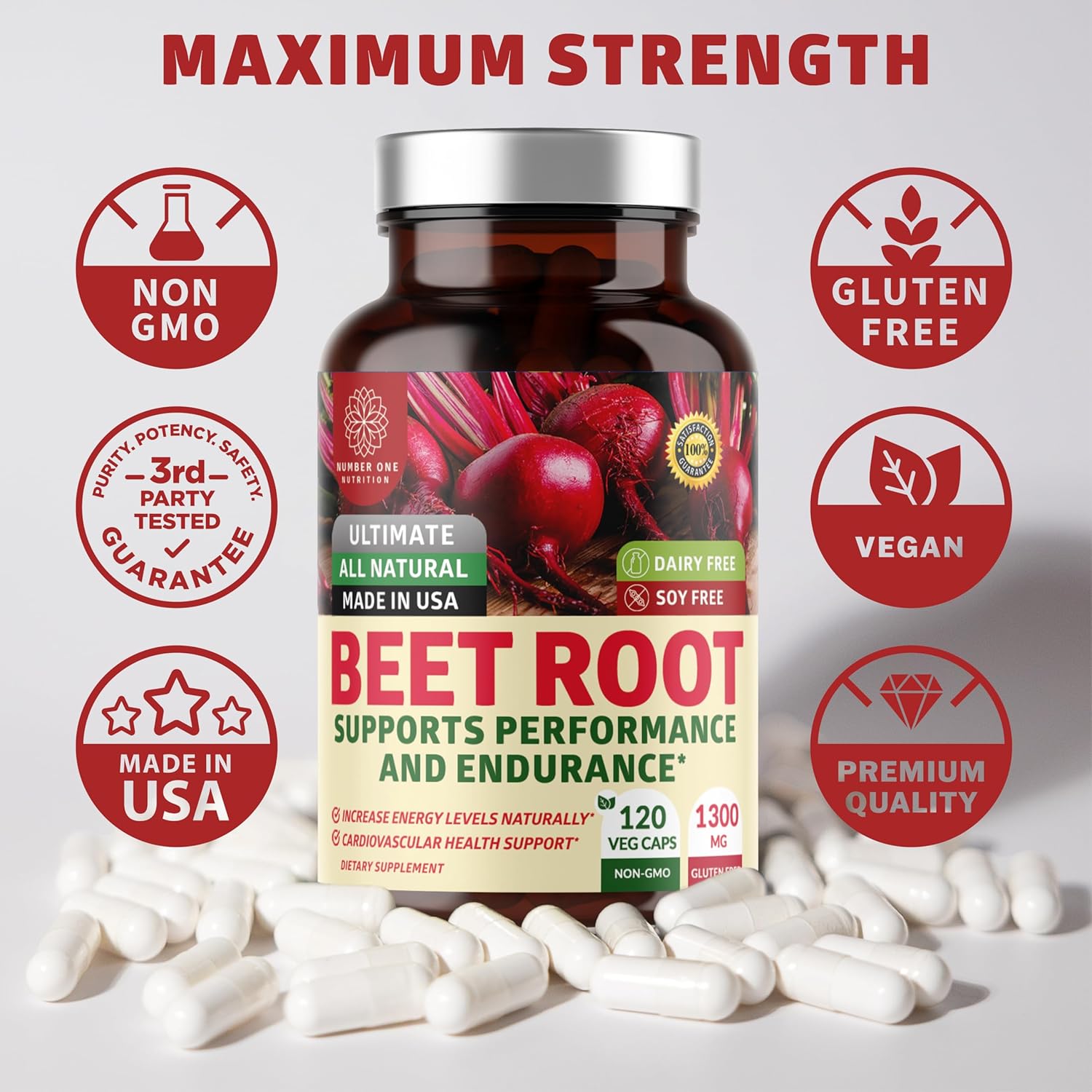 Organic Beet Root Capsules 1300mg for Energy & Stamina - Non-GMO, Gluten Free - 120 Veg Caps - Athletic Performance Booster