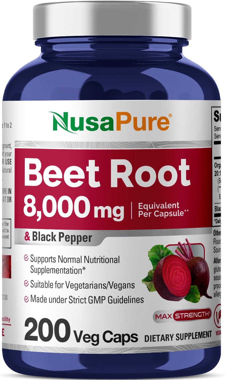Organic Beet Root Capsules 8,000mg with Black Pepper Extract - 200 Vegan Capsules, Non-GMO