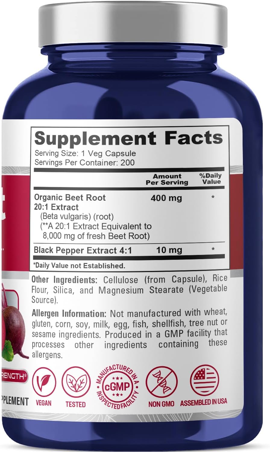 Organic Beet Root Capsules 8,000mg with Black Pepper Extract - 200 Vegan Capsules, Non-GMO