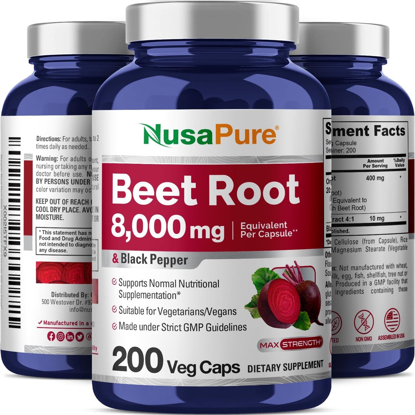 Organic Beet Root Capsules 8,000mg with Black Pepper Extract - 200 Vegan Capsules, Non-GMO