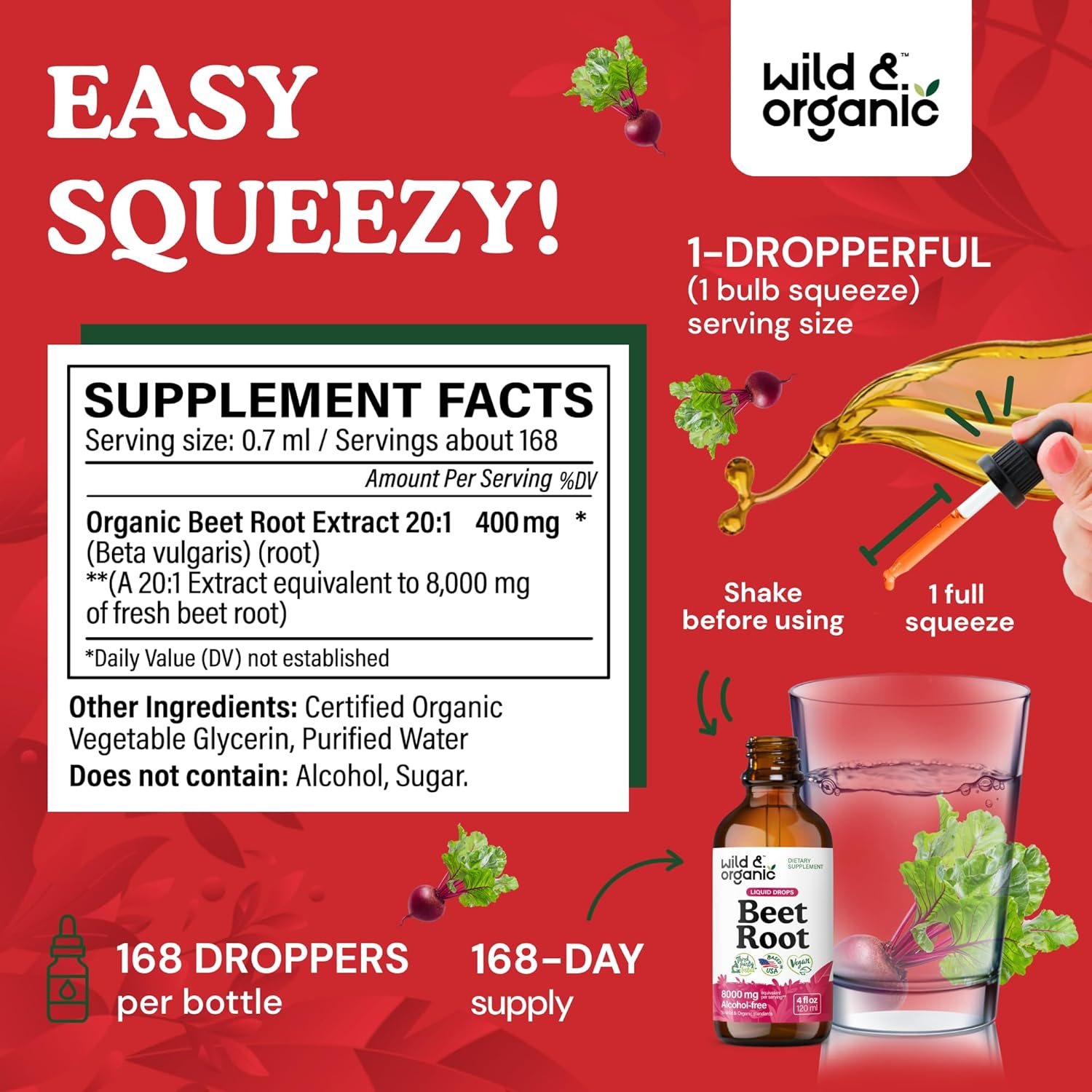 Organic Beet Root Extract Drops - 8000 mg Fresh Beetroot Equivalent - 20:1 Extract - Red Beets Liquid Supplement - 400 mg Serving - Vegan, Alcohol & Sugar-Free - 4 fl oz