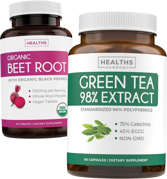 Organic Beet Root & Green Tea Extract Detox Bundle - 1-Month Supply, 1250mg Beet Root Tablets with Black Pepper & 1000mg Green Tea Capsules with EGCG
