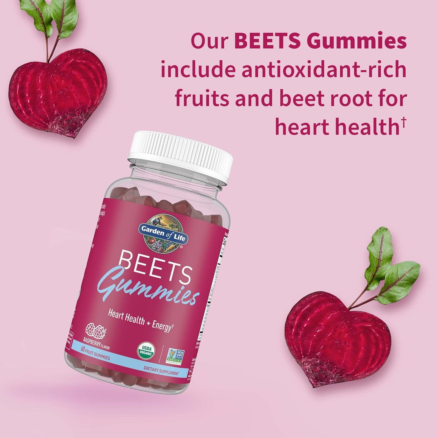 Organic Beet Root Gummies with Antioxidants, Vitamin C, D, B12 for Heart Health & Energy - Vegan, Gluten Free, Non GMO - Raspberry Flavor, 30 Servings