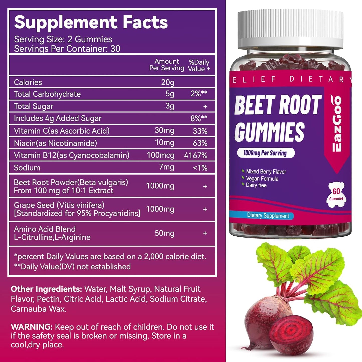 Organic Beet Root Gummies with Grape Seed Extract - 120 Count, Vegan & Non-GMO Beet Root Soft Chews with Powder