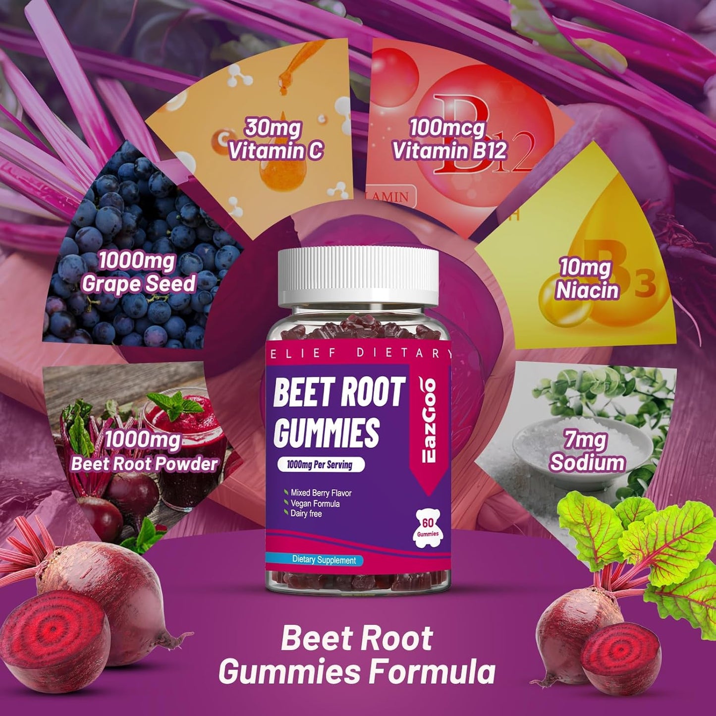 Organic Beet Root Gummies with Grape Seed Extract - 120 Count, Vegan & Non-GMO Beet Root Soft Chews with Powder