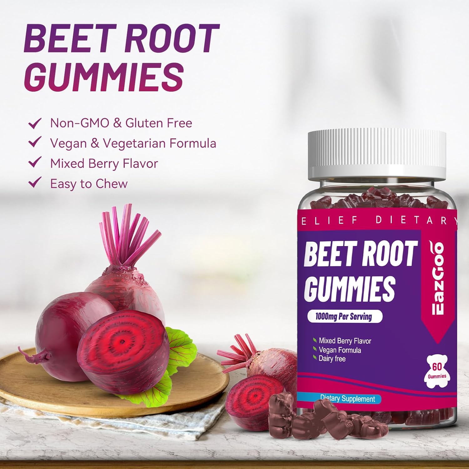 Organic Beet Root Gummies with Grape Seed Extract - 120 Count, Vegan & Non-GMO Beet Root Soft Chews with Powder