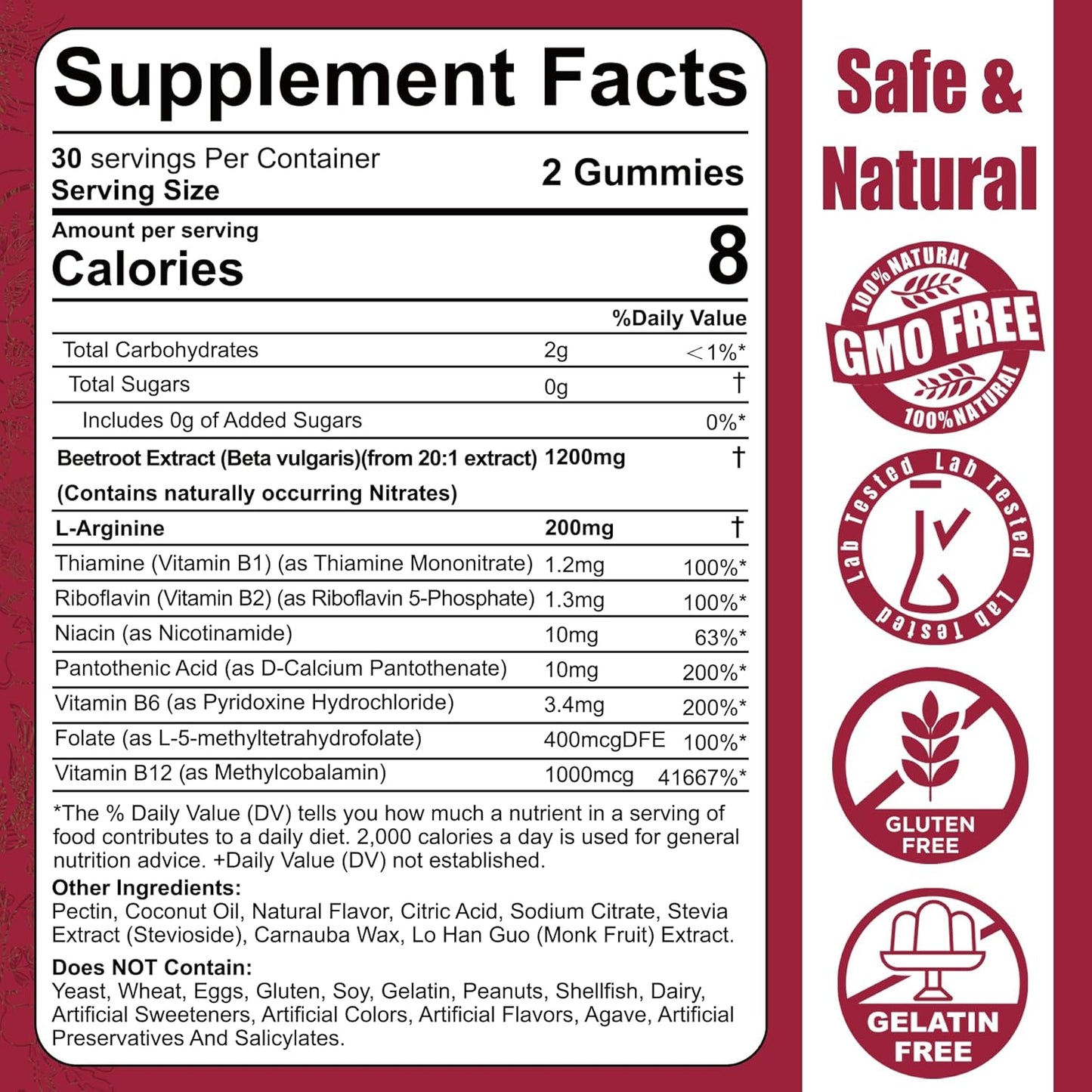 Organic Beet Root Gummies with L-Arginine 1400mg and B Vitamins for Energy and Circulation Support - 60 Ct Vegan Supplements