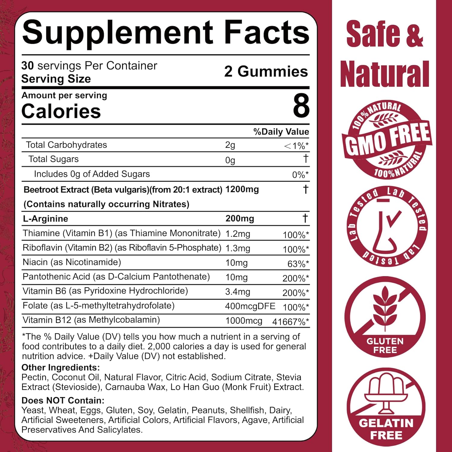 Organic Beet Root Gummies with L-Arginine 1400mg and B Vitamins for Energy and Circulation Support - 60 Ct Vegan Supplements