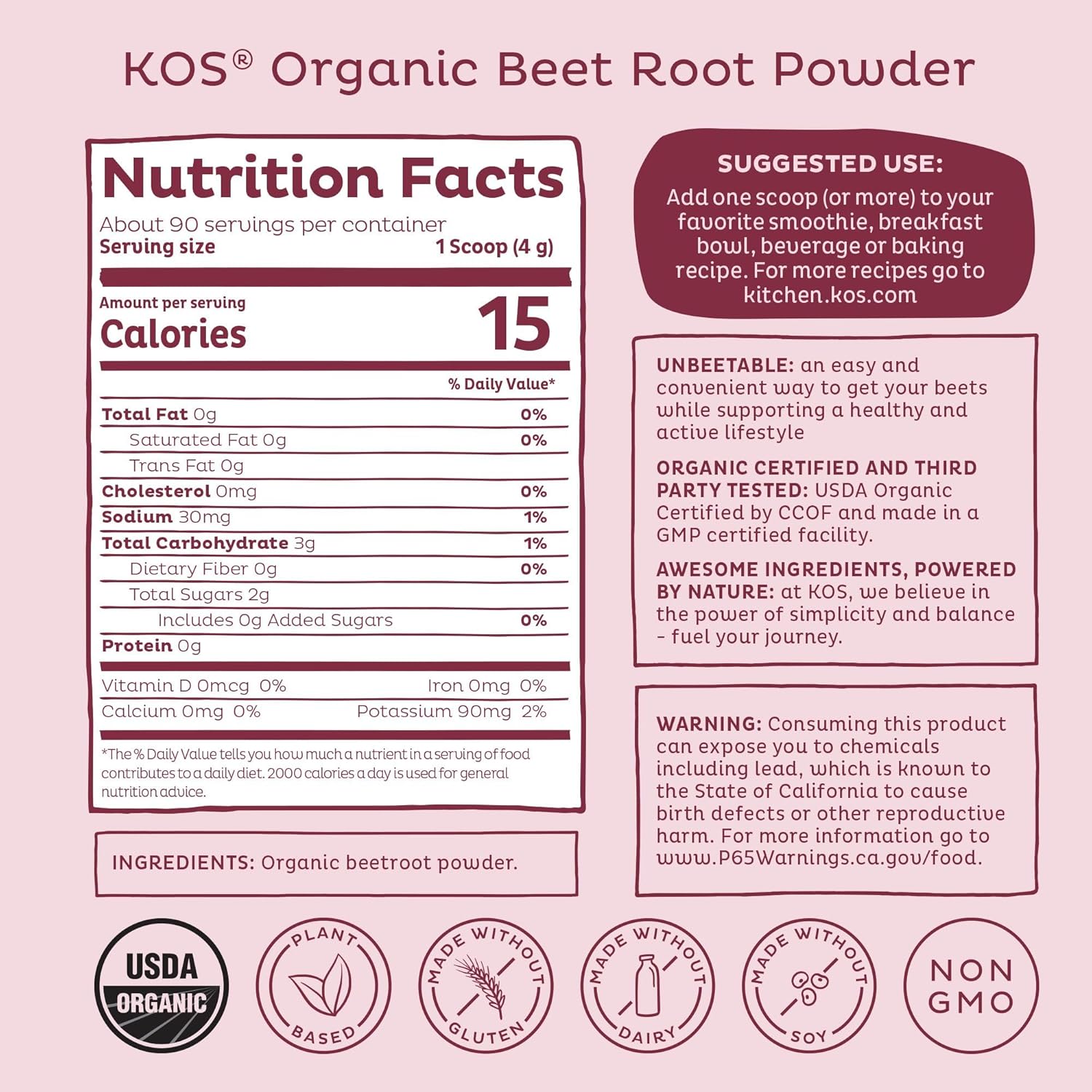 Organic Beet Root Powder - USDA Certified, Non-GMO, Gluten & Soy Free - 90 Servings