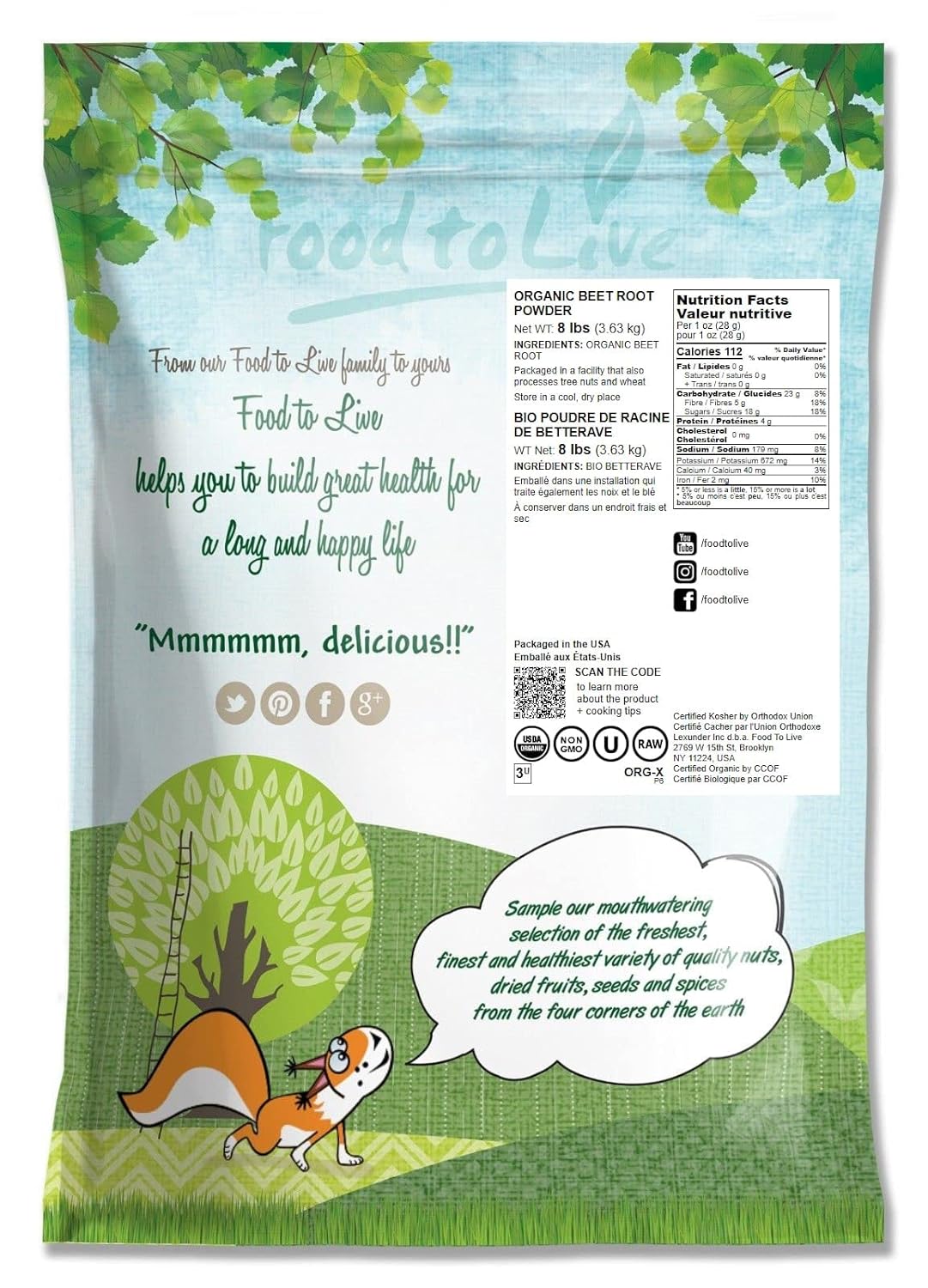 Organic Beet Root Powder, 8lbs - Non-GMO, Raw, Kosher, Vegan Superfood, High in Iron & Fiber, Ideal for Juices & Smoothies