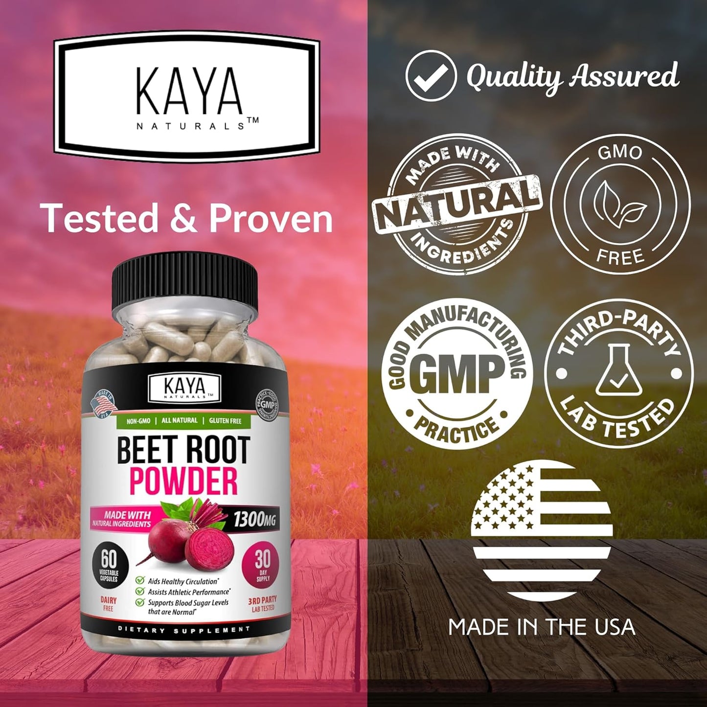 Organic Beet Root Powder Capsules - 1300mg Per Serving - Supports Athletic Performance & Circulation - 60 Count
