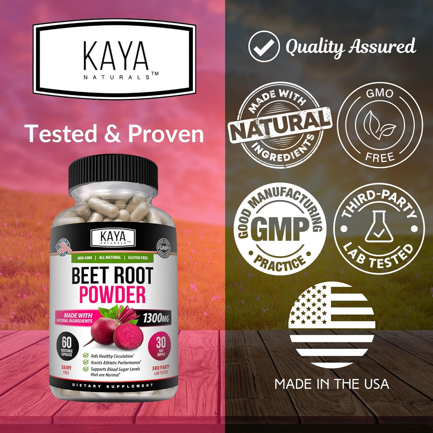 Organic Beet Root Powder Capsules - 1300mg Per Serving - Supports Athletic Performance & Circulation - 60 Count