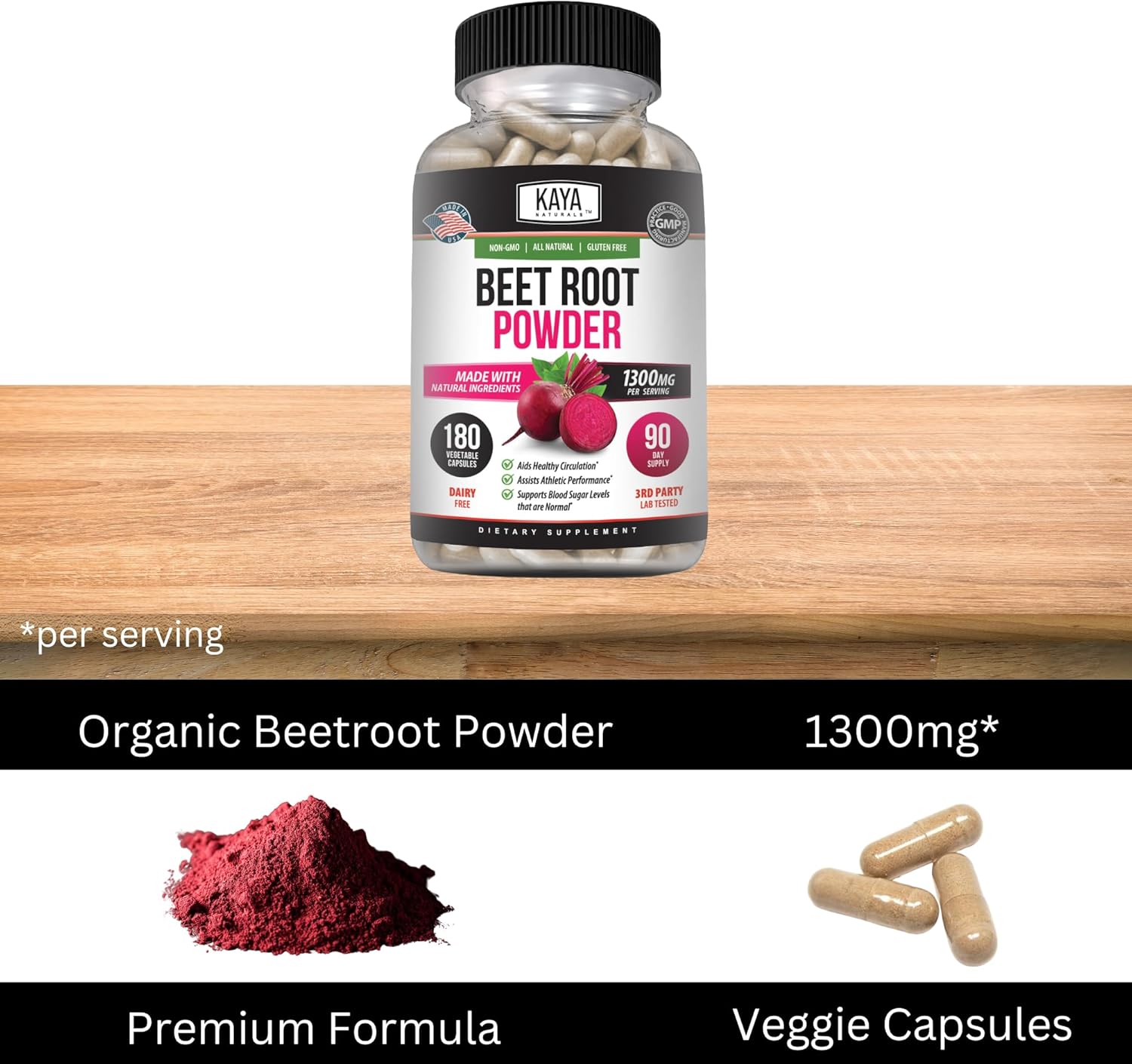 Organic Beet Root Powder Capsules - 1300mg Per Serving - Supports Athletic Performance & Circulation - 60 Count