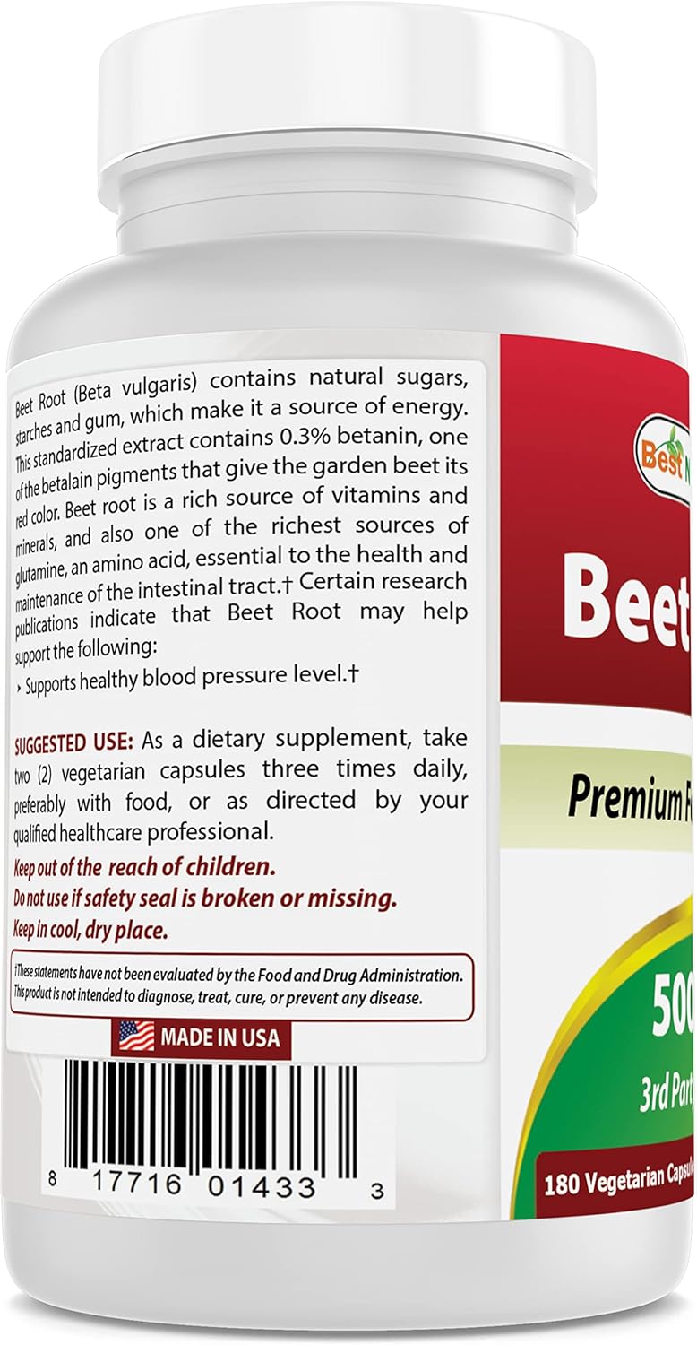 Organic Beet Root Powder Capsules - 500mg, 180 Count - Top Quality Natural Supplement for Health and Wellness