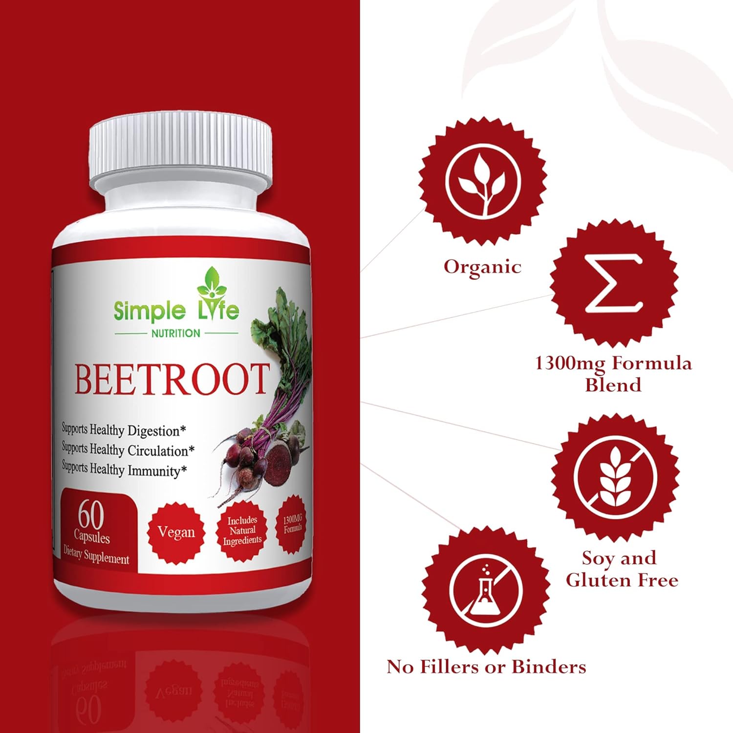 Organic Beet Root Powder Capsules - Nitric Oxide Booster for Men & Women - Non-GMO Gluten Free Vegan - 60CT