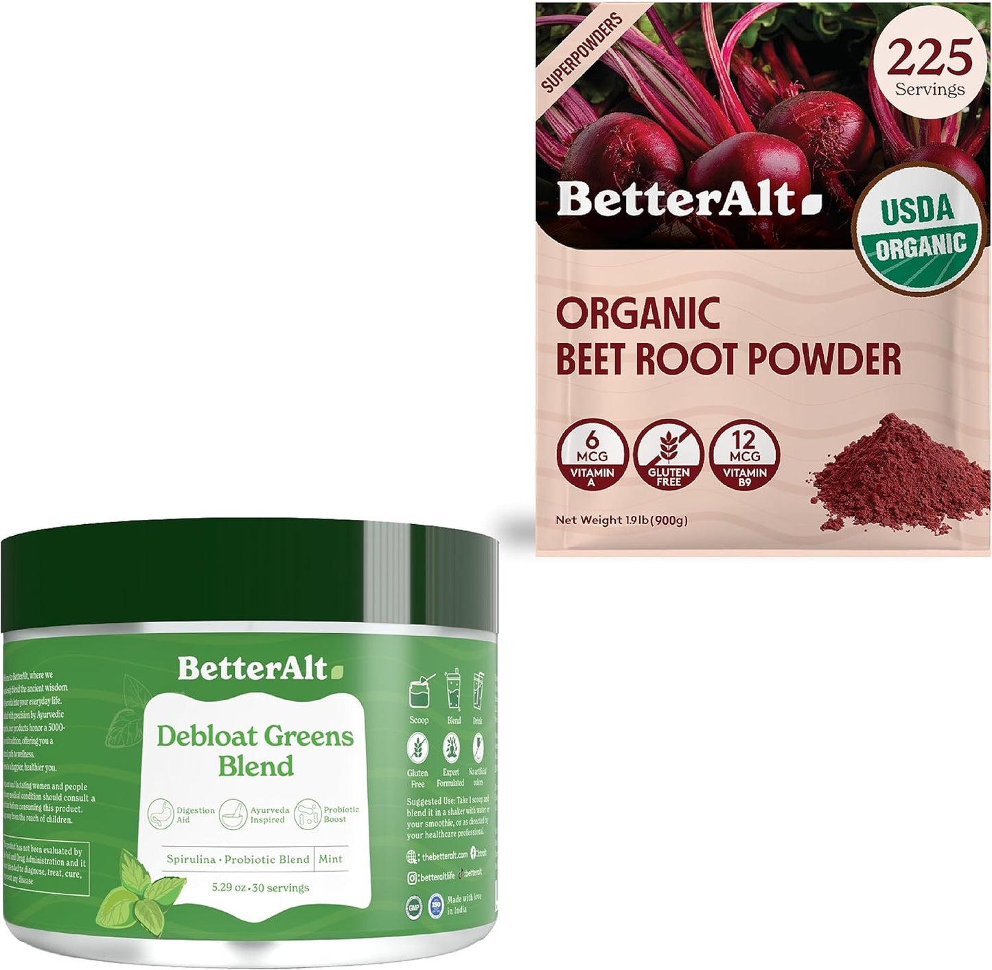 Organic Beet Root Powder & Greens Combo - 100% Natural Superfood, Nutritional Powerhouse, 2 lb + 5.3 oz Sizes, Gluten-Free & Non-GMO