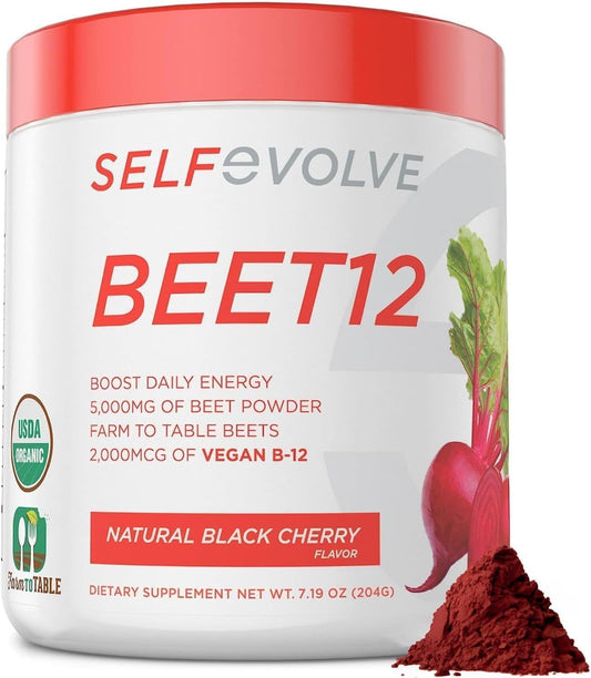 Organic Beet Root Powder with Vitamin B12 for Natural Energy - Nitric Oxide Booster with Black Cherry Flavor, 30 Servings