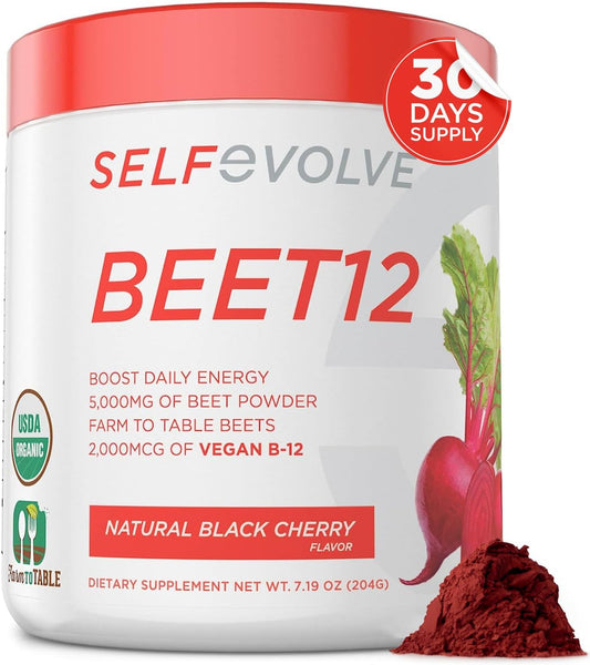 Organic Beet12 Powder with Vitamin B12 and Nitric Oxide Booster - Natural Energy Support with Black Cherry Flavor, 30 Servings