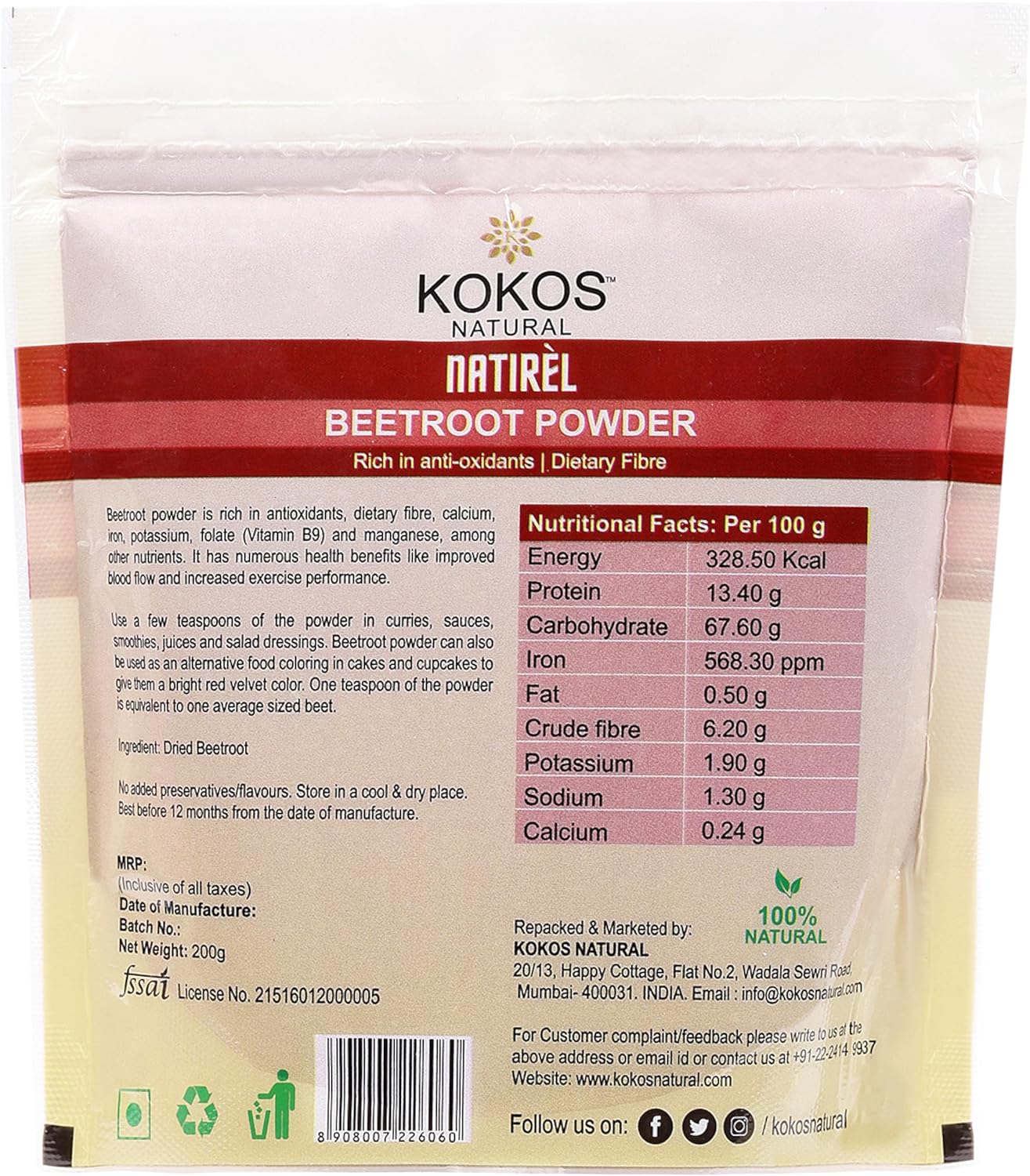 Organic Beetroot Powder 7 oz - Vegan, Gluten-Free, Rich in Nutrients & Fiber - Ideal for Smoothies, Food Coloring, and Skincare - 40 Servings - Kokos Natural Premium