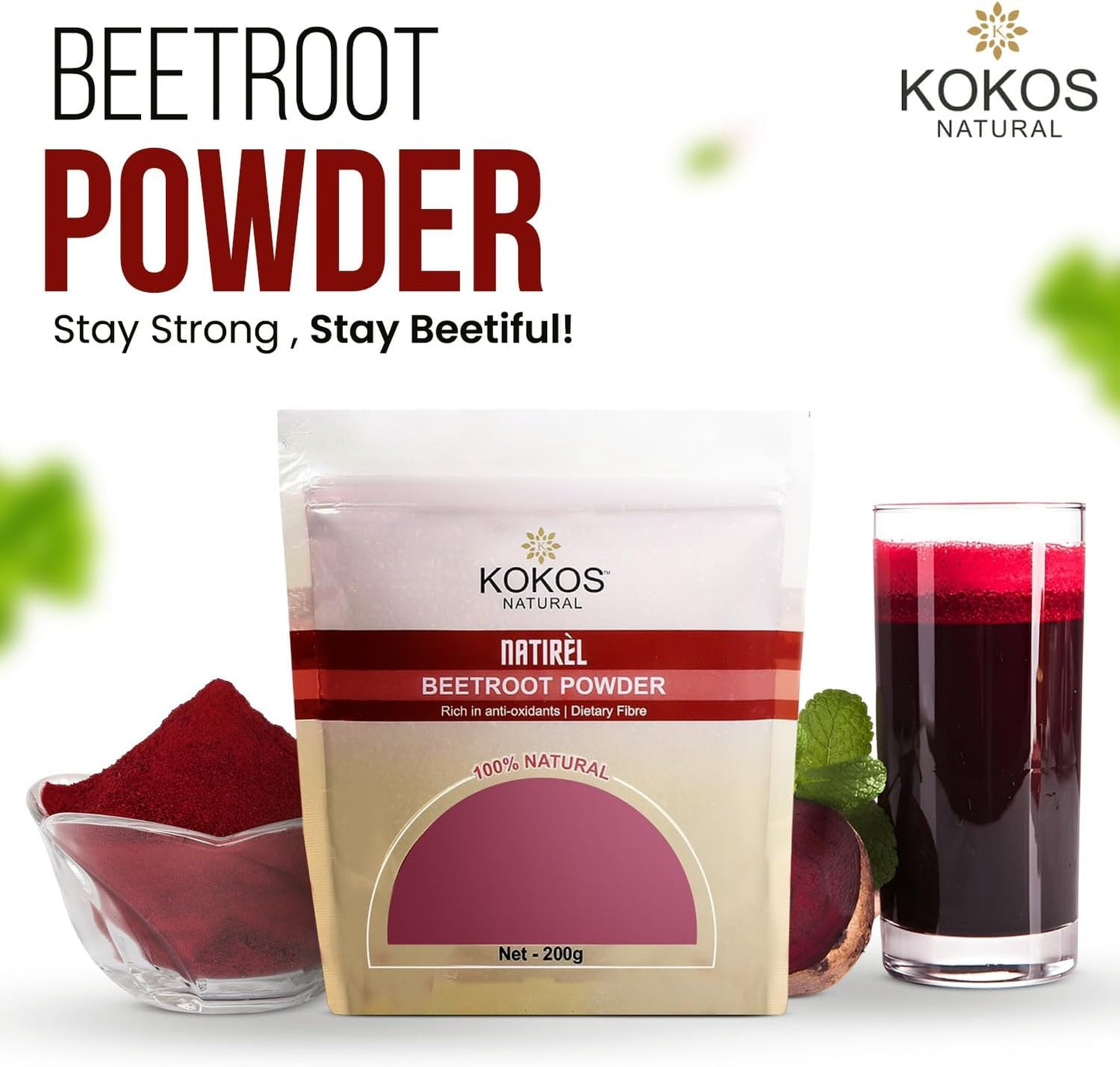 Organic Beetroot Powder 7 oz - Vegan, Gluten-Free, Rich in Nutrients & Fiber - Ideal for Smoothies, Food Coloring, and Skincare - 40 Servings - Kokos Natural Premium