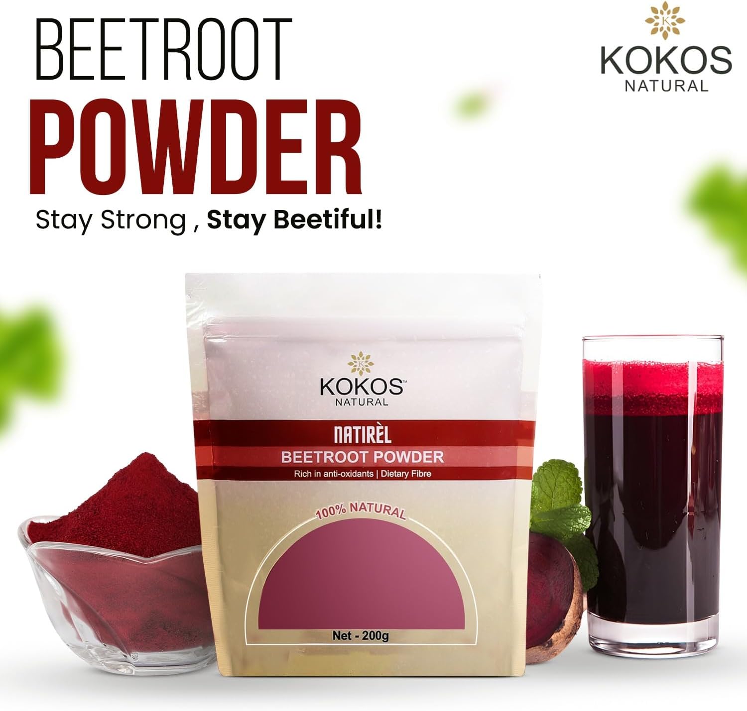 Organic Beetroot Powder 7 oz - Vegan, Gluten-Free, Rich in Nutrients & Fiber - Ideal for Smoothies, Food Coloring, and Skincare - 40 Servings - Kokos Natural Premium