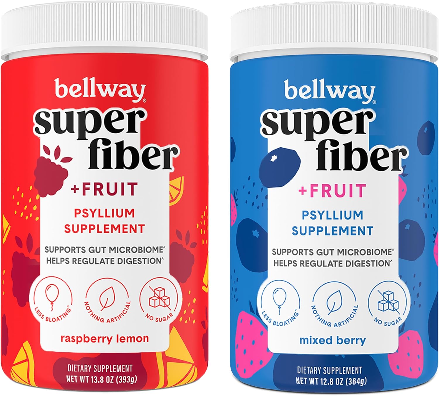 Organic Bellway Super Fiber Powder with Psyllium Husk, Sugar Free Supplement for Gut Health & Bloating Relief - Non-GMO Plant-Based Raspberry Lemon & Mixed Berry