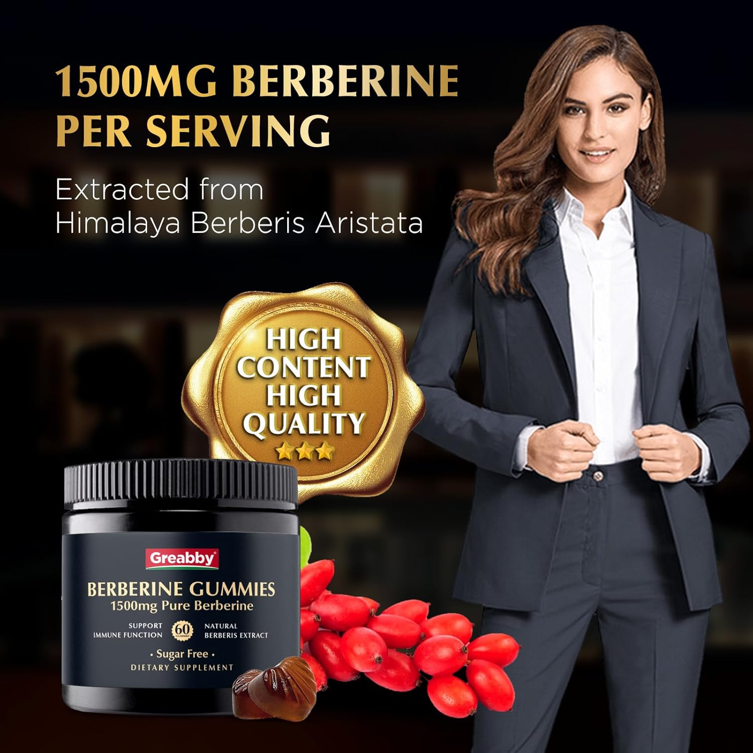 Organic Berberine Gummies 1500mg for Adults - Immune Health Support - Sugar-Free Pectin Gummies with 97% Purity - 60 Count