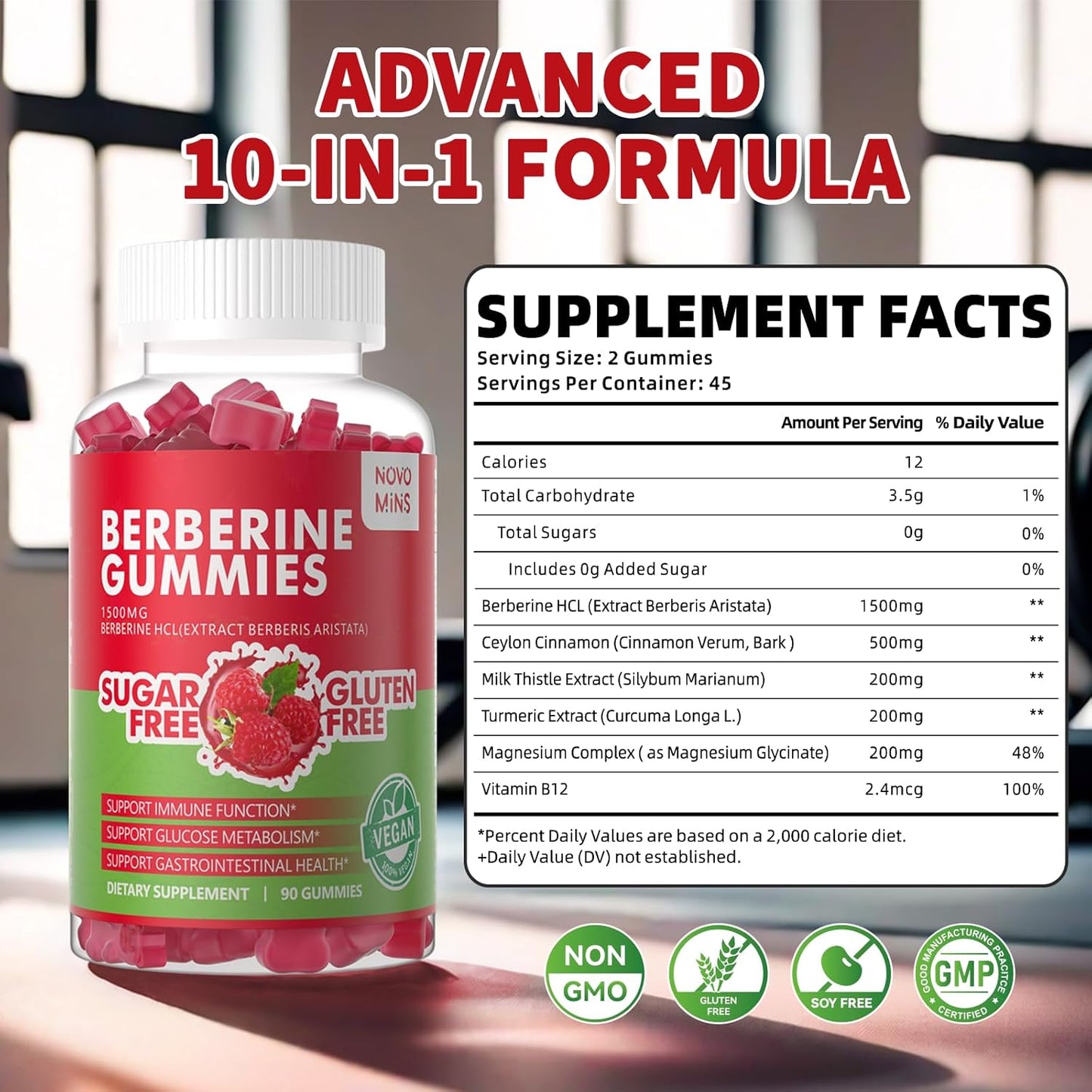 Organic Berberine Gummies with Ceylon Cinnamon 1500mg - Immune & Metabolism Support - Sugar Free Raspberry Flavor