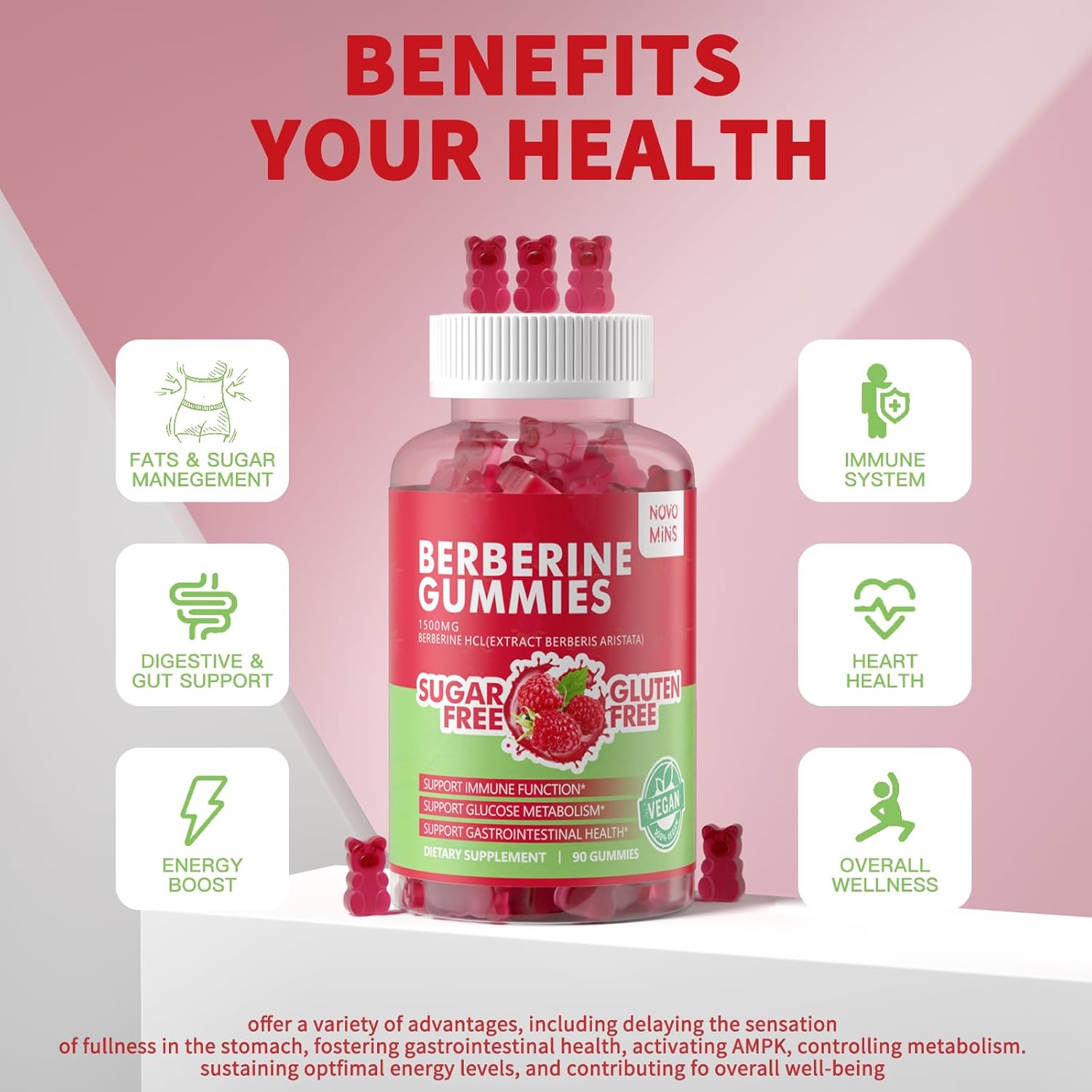 Organic Berberine Gummies with Ceylon Cinnamon 1500mg - Immune & Metabolism Support - Sugar Free Raspberry Flavor