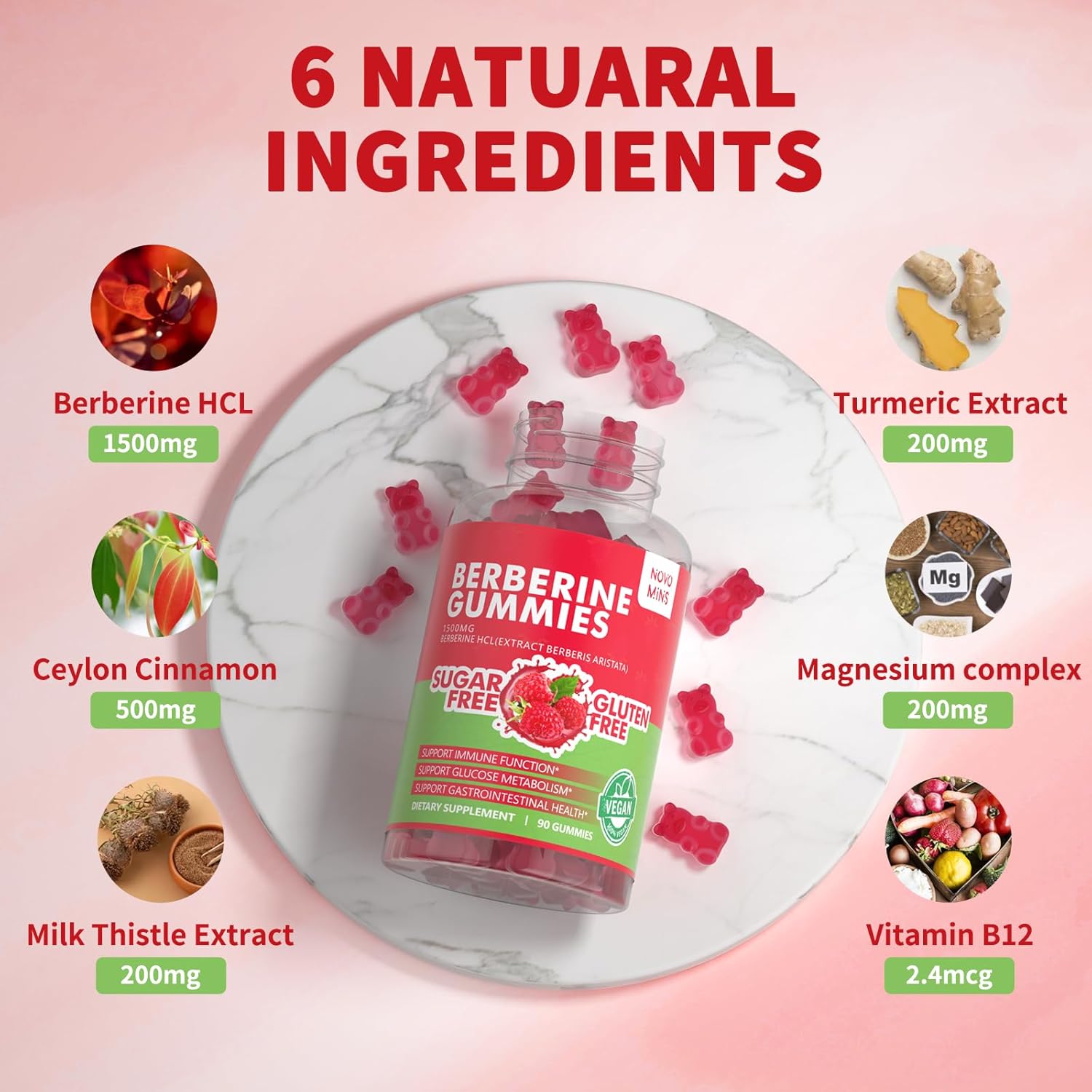 Organic Berberine Gummies with Ceylon Cinnamon 1500mg - Immune & Metabolism Support - Sugar Free Raspberry Flavor