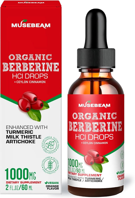 Organic Berberine HCl Liquid Drops with Ceylon Cinnamon Turmeric Milk Thistle Artichoke - High Bioavailability Supplement for Men and Women - Vegan, Sugar Free, Gluten Free - 1000mg - 2fl. oz