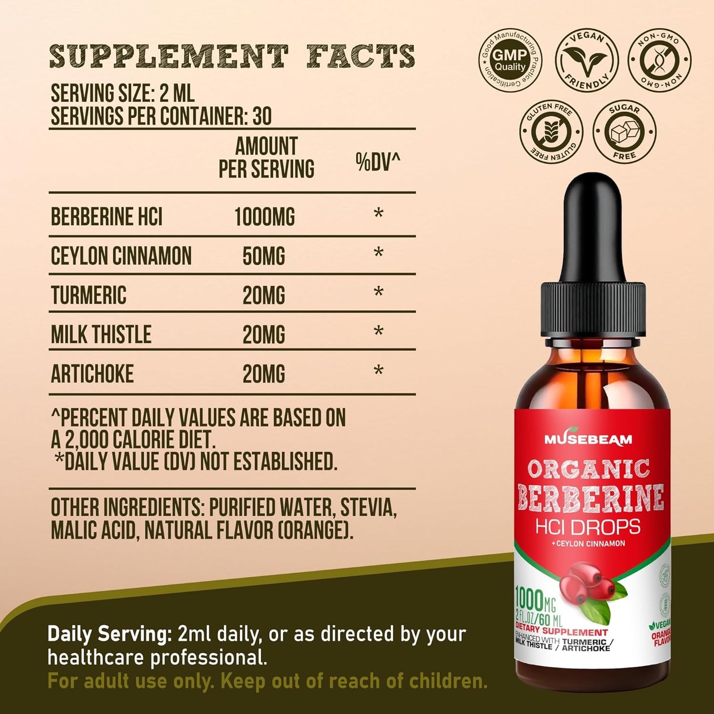 Organic Berberine HCl Liquid Drops with Ceylon Cinnamon Turmeric Milk Thistle Artichoke - High Bioavailability Supplement for Men and Women - Vegan, Sugar Free, Gluten Free - 1000mg - 2fl. oz