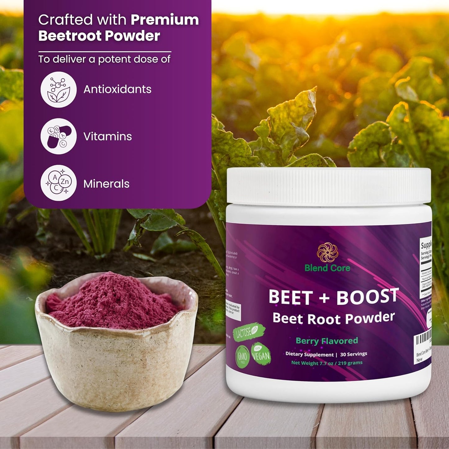 Organic Berry Flavored Beet Root Powder for Daily Nutrition and Athletic Performance - Vegan, Lactose-Free, Non-GMO Supplement with Boost Core Blend
